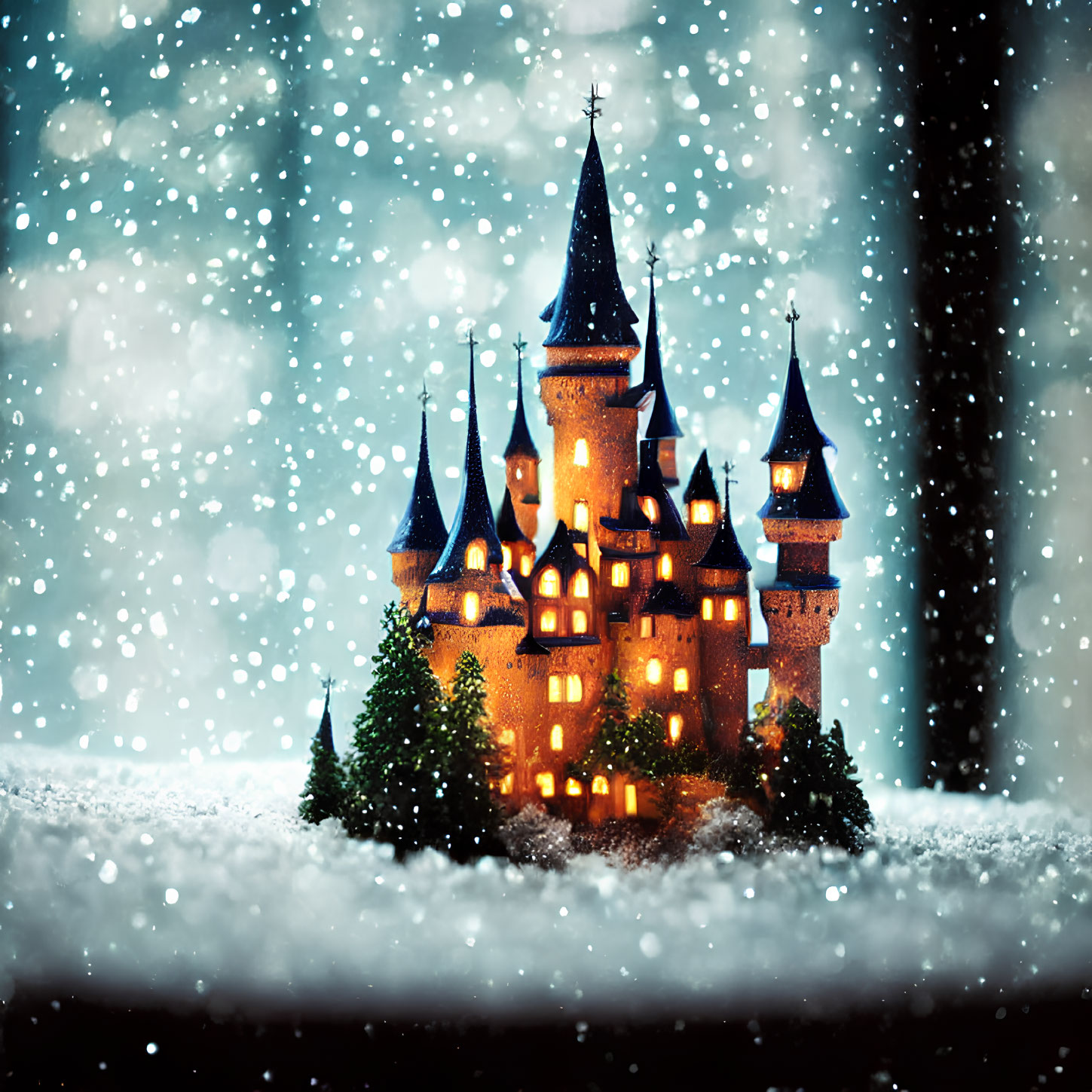 Miniature Castle in Snowy Landscape with Illuminated Windows