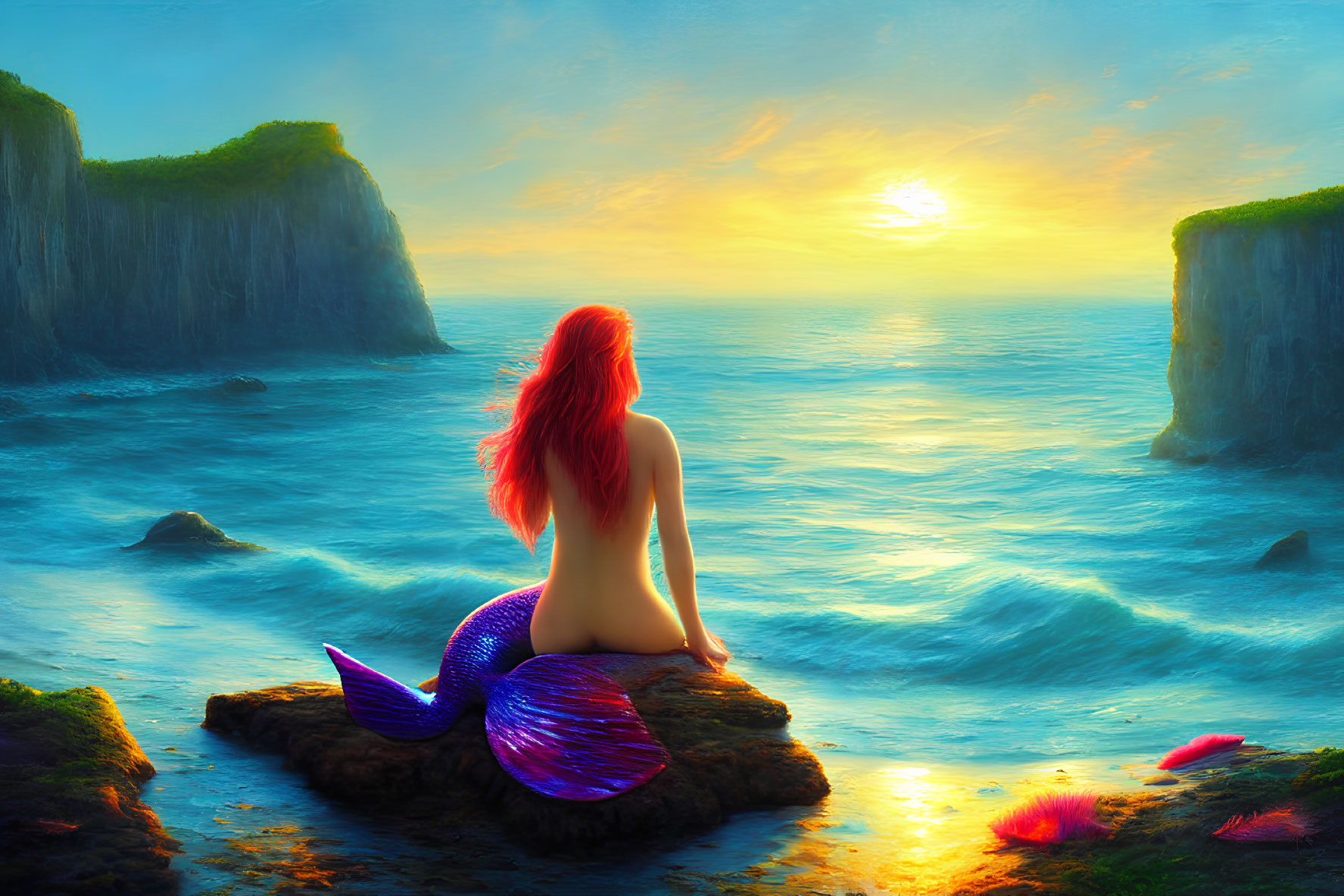 Vibrant Red-Haired Mermaid on Rock at Sunset with Purple Tail