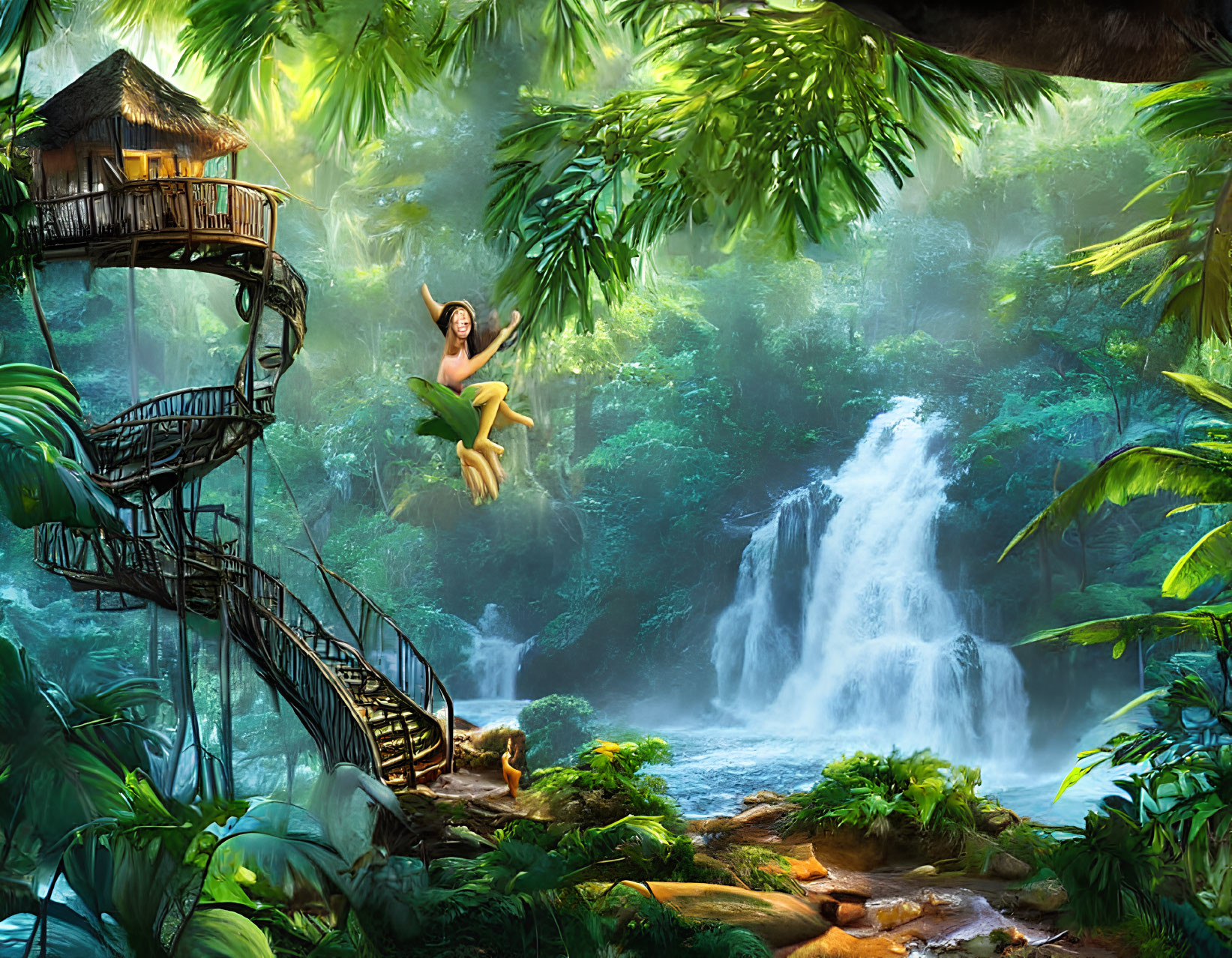 Person sliding down zip line above tropical waterfall and treehouse