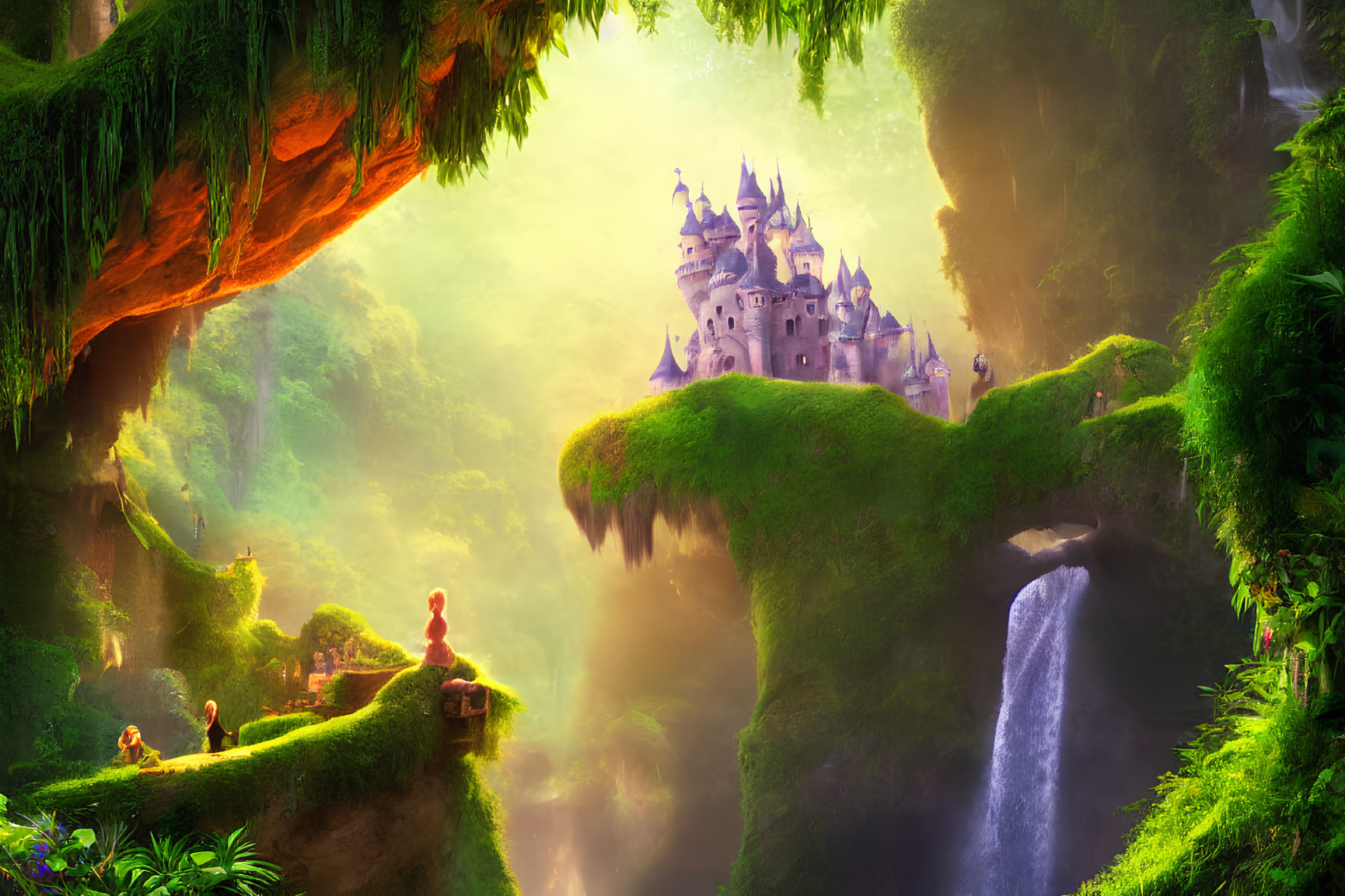 Fantastical landscape with castle, waterfalls, and figure overlooking cliff