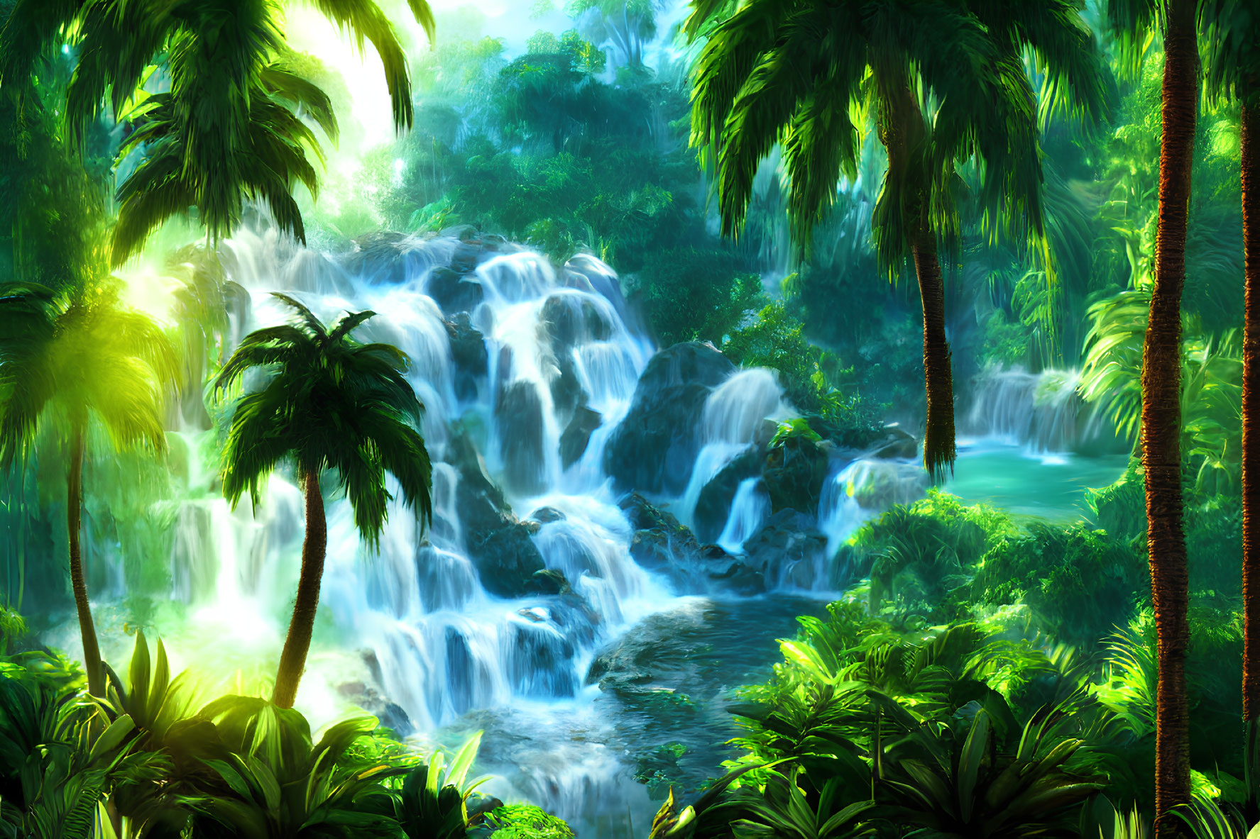 Vibrant digital artwork of lush tropical forest with waterfall