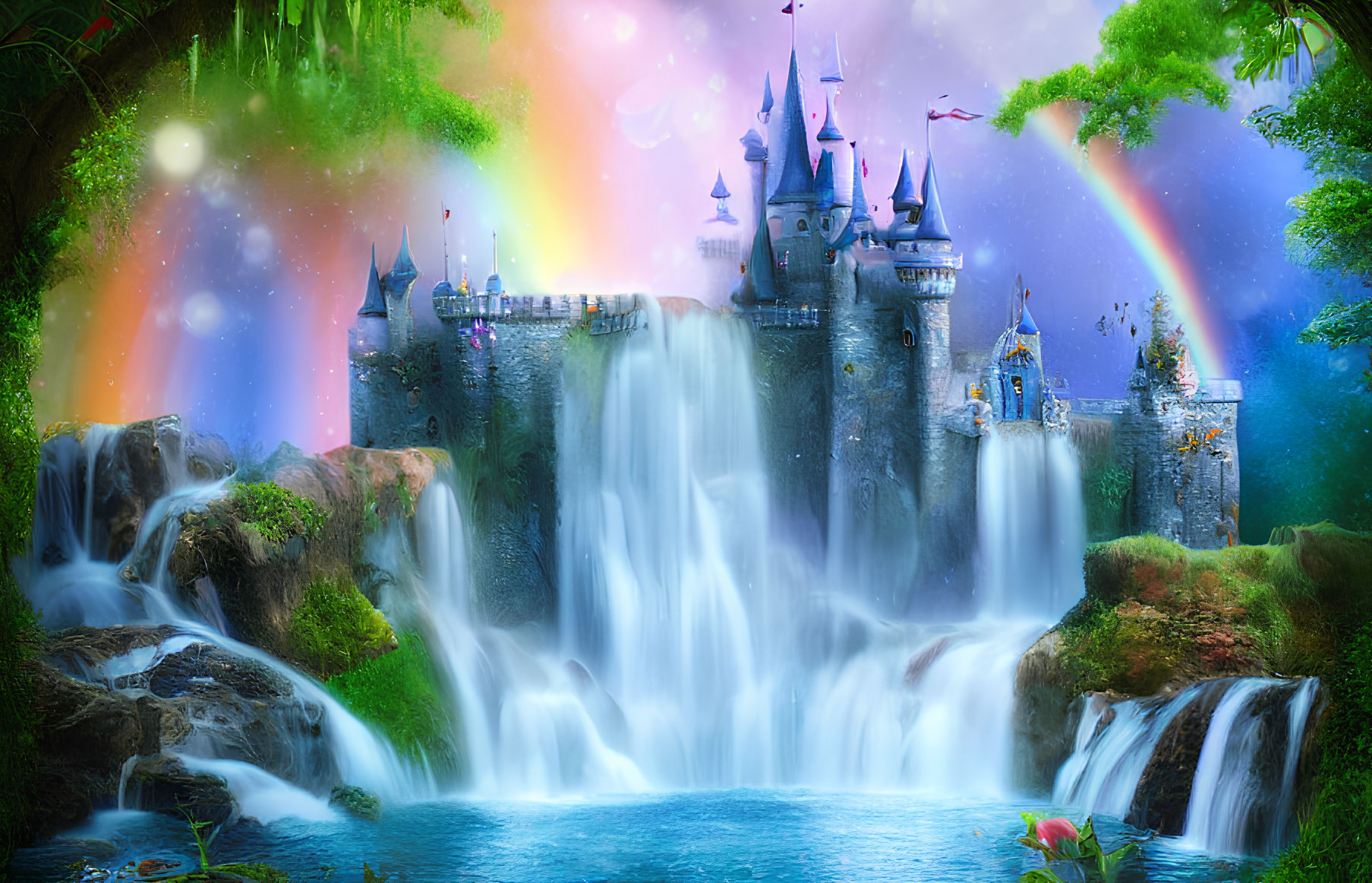 Majestic castle on waterfall with rainbows and starry sky