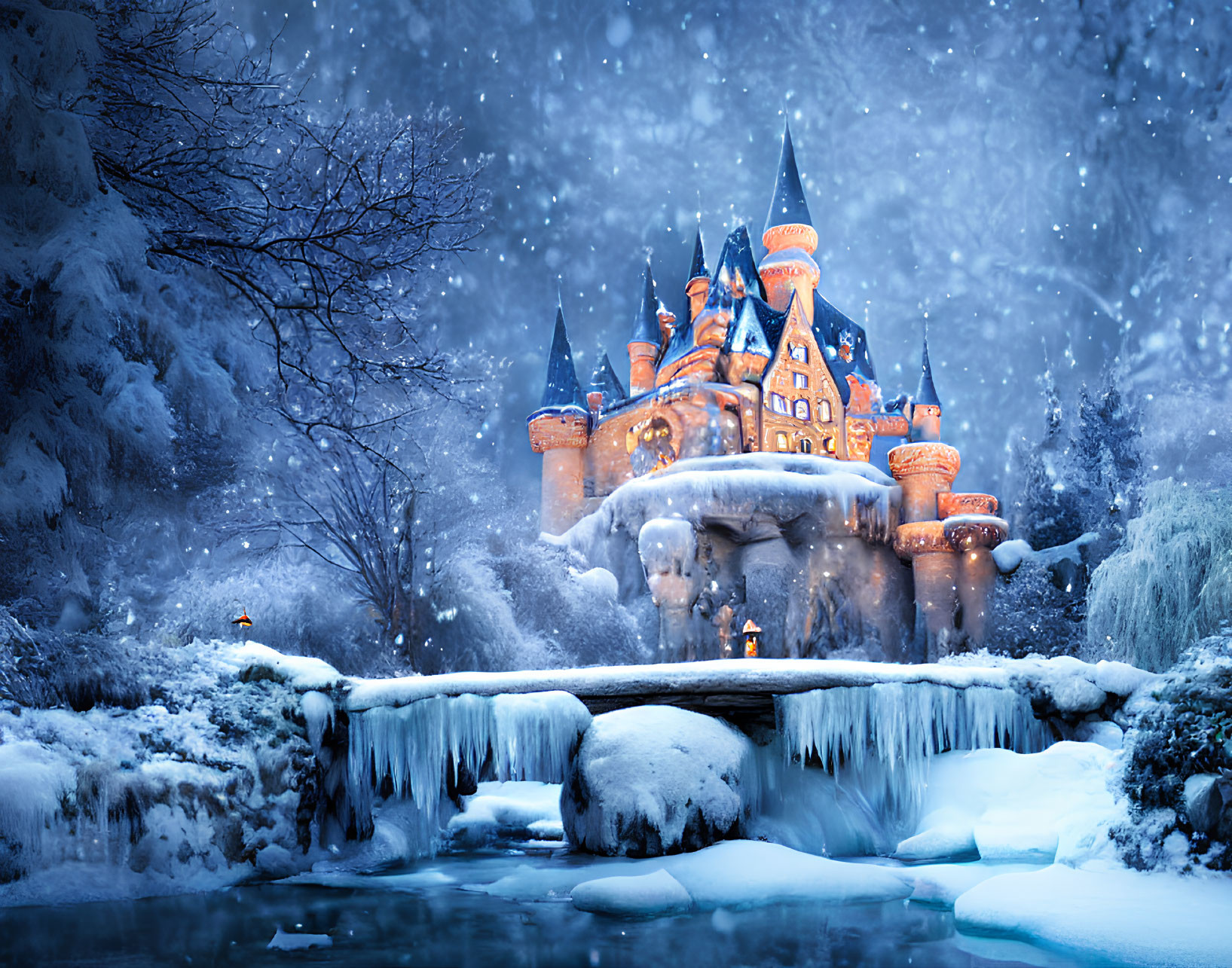 Enchanting fairy tale castle in snowy twilight landscape