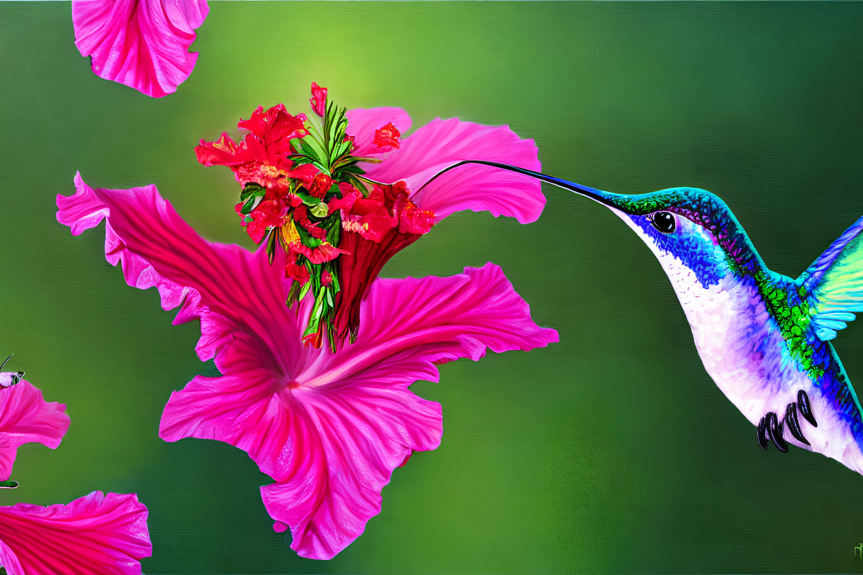 Colorful digital artwork of hummingbird feeding on flowers