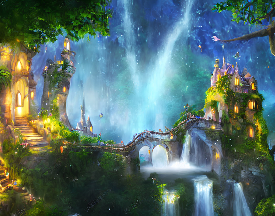 Fantasy castle and magical bird in enchanted forest scene