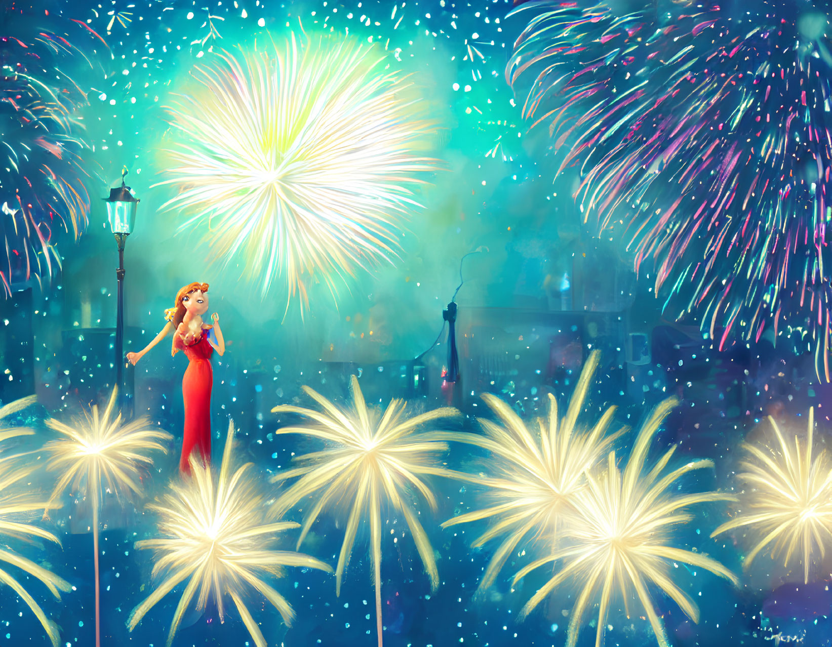 Woman in red dress near streetlamp with colorful fireworks in night sky