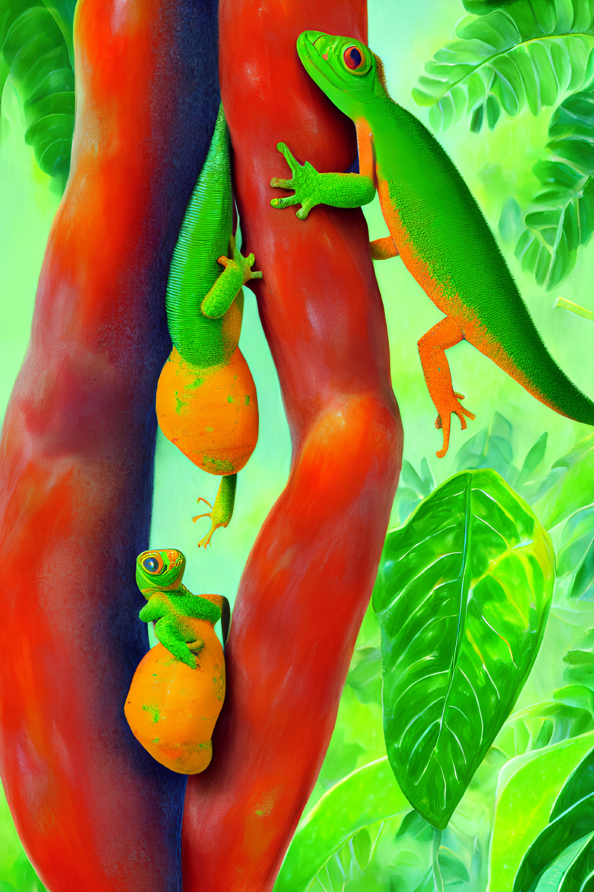 Three green geckos with orange spots on red vines in lush green foliage