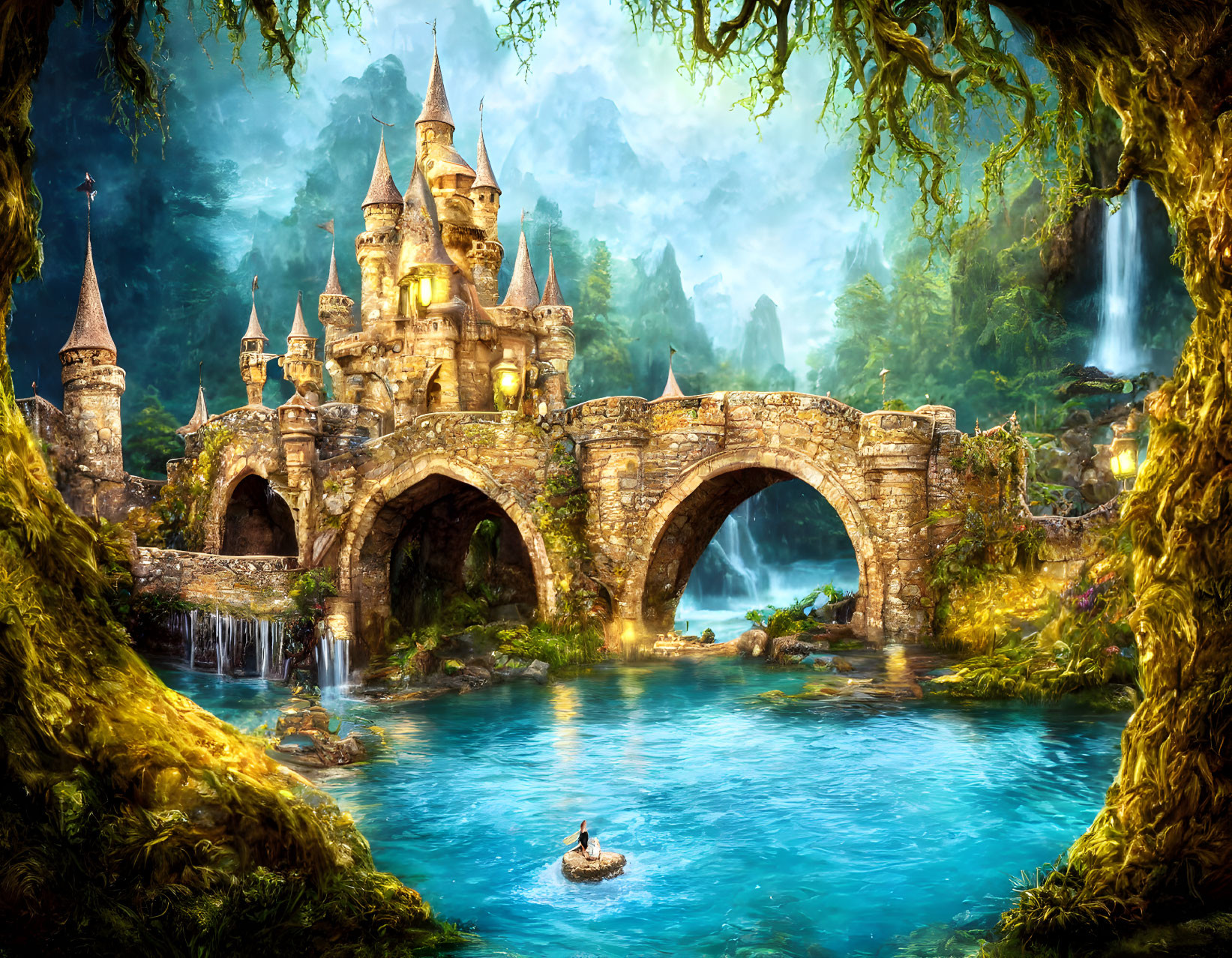 Majestic castle with spires near stone bridge over blue river surrounded by lush greenery and water