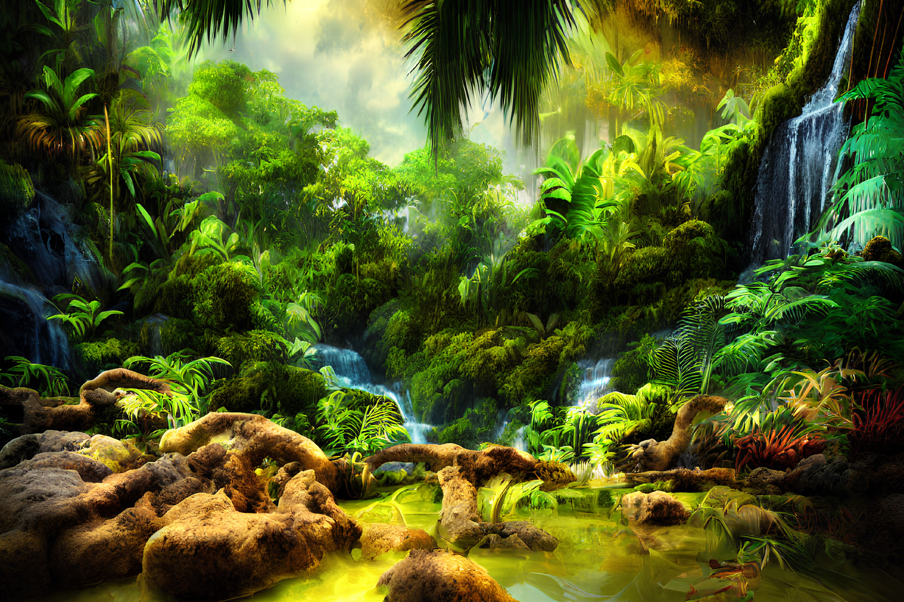 Tropical jungle scenery with waterfalls, lush foliage, mossy stones, and serene pond