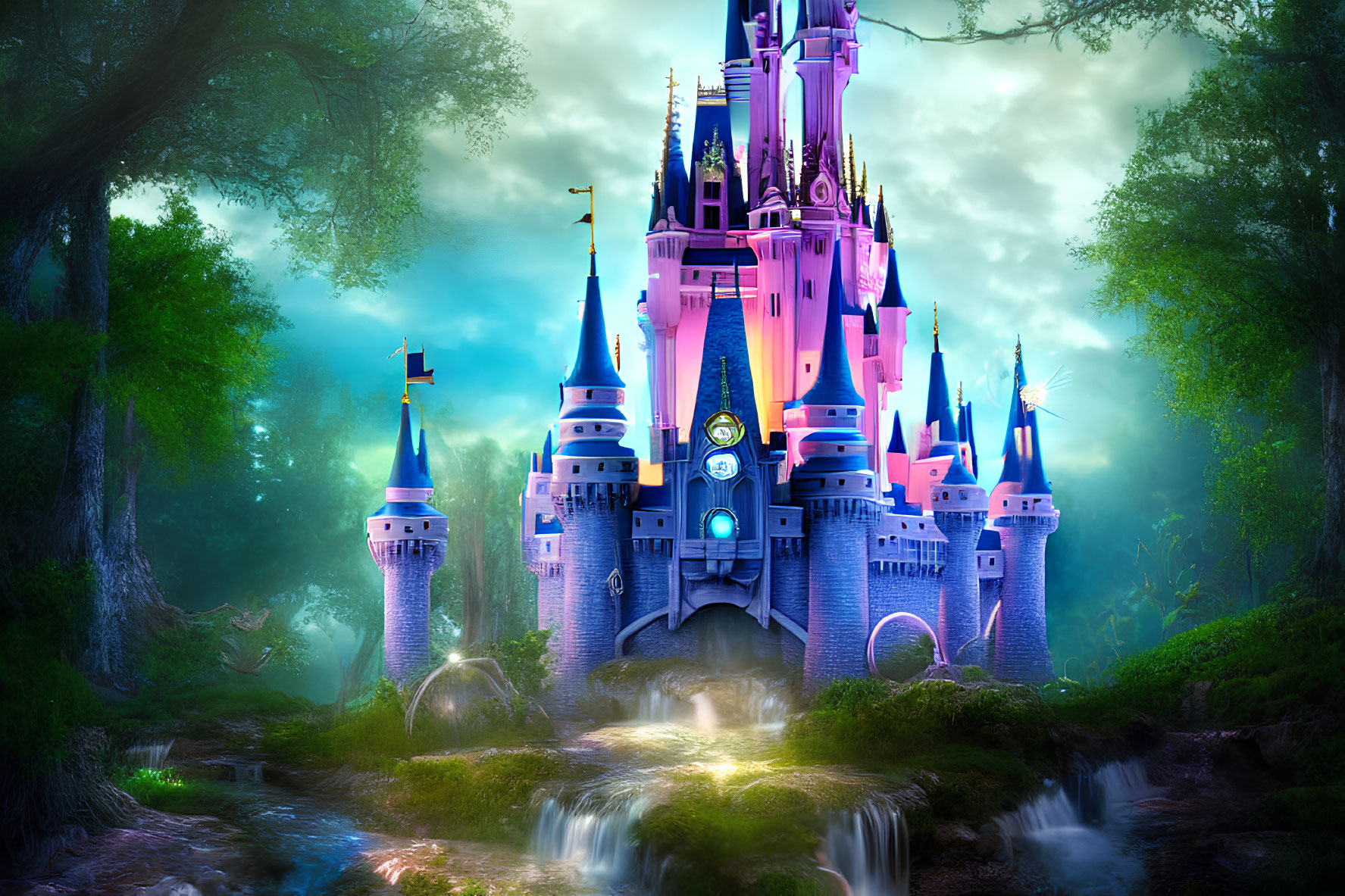 Enchanted forest castle with spires and glowing light