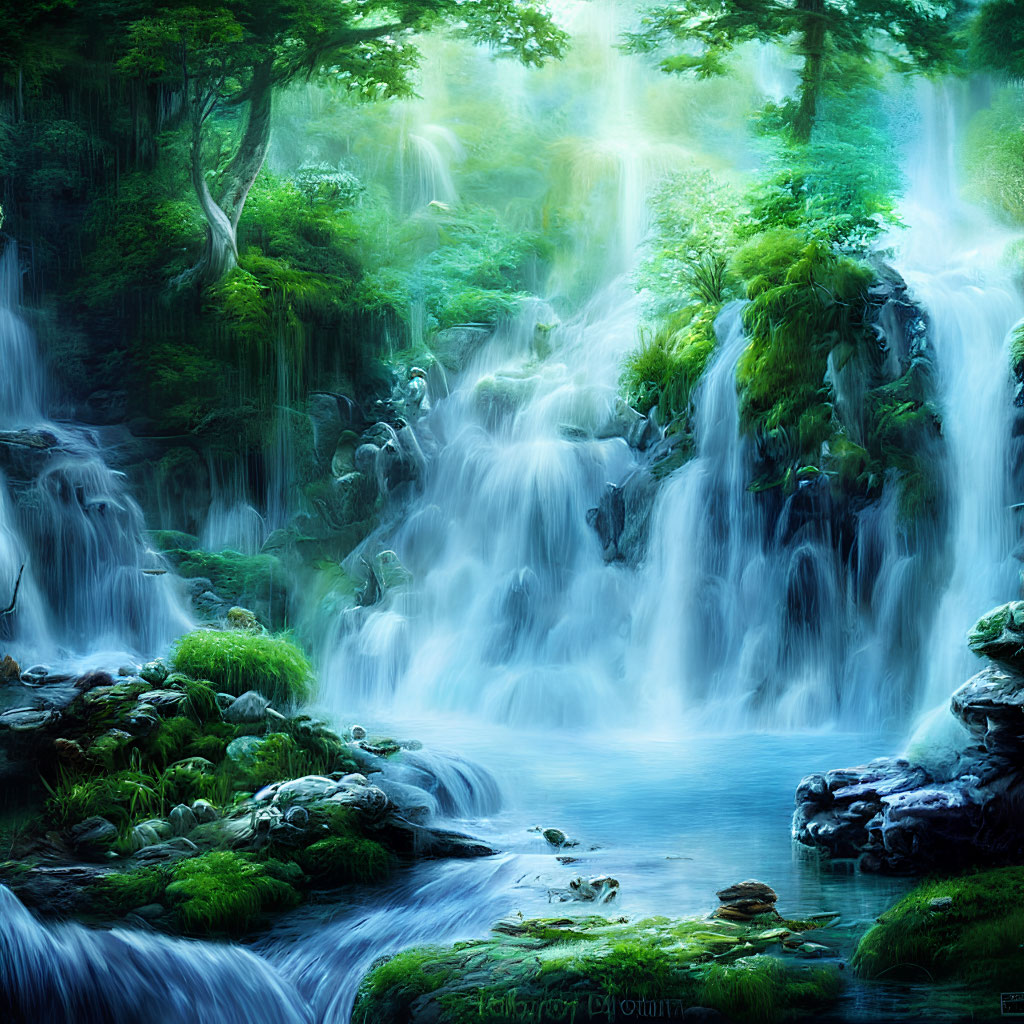 Serene forest with waterfalls, greenery, and blue stream