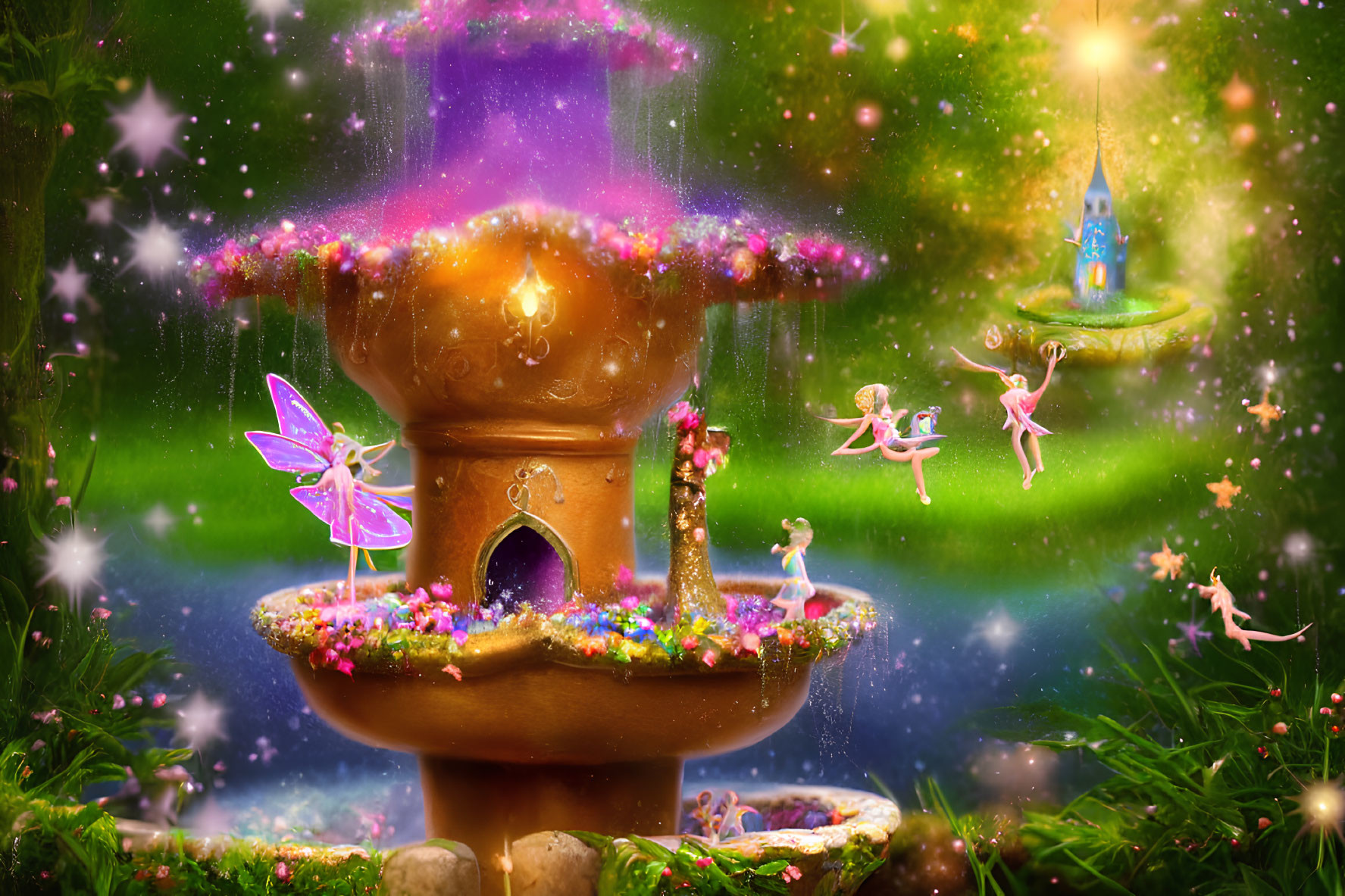 Whimsical fairy fountain in enchanted garden