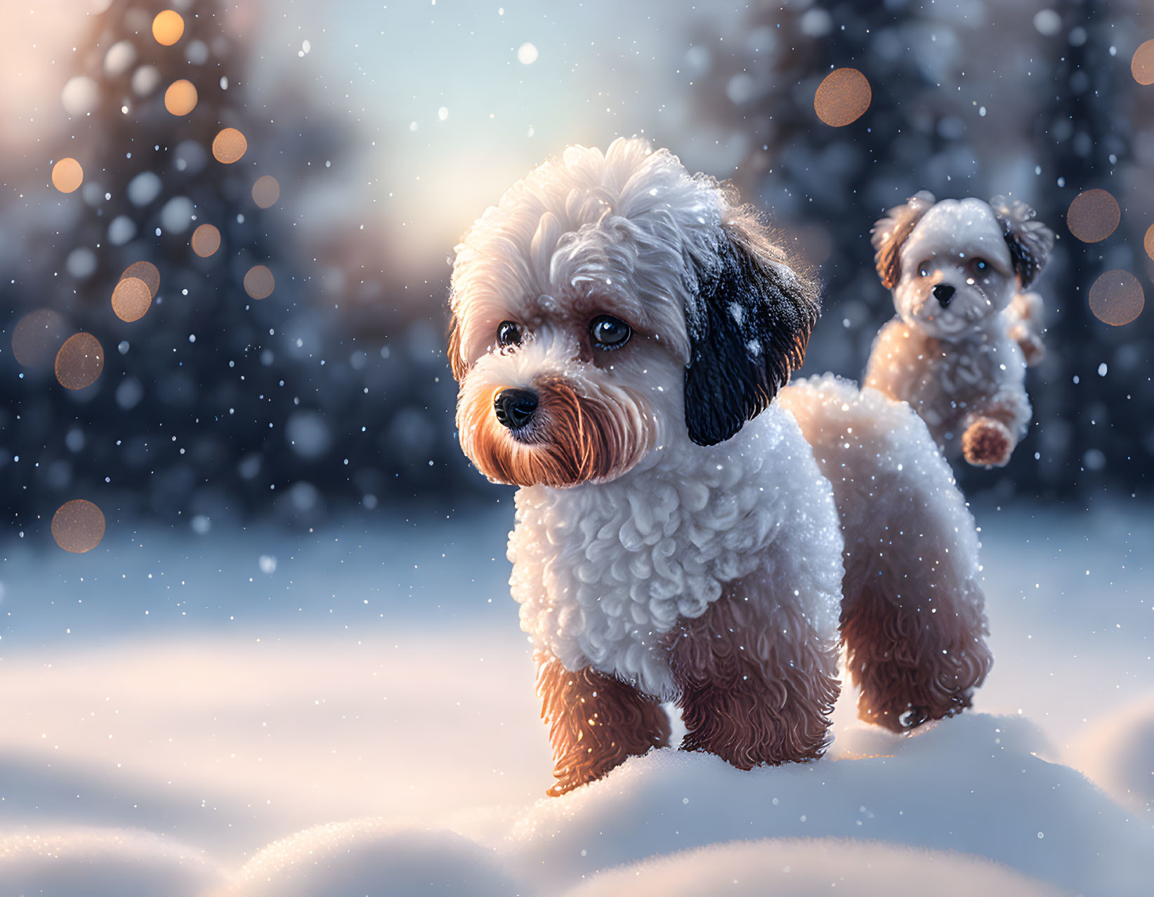 Fluffy dogs in snowy landscape with falling snowflakes