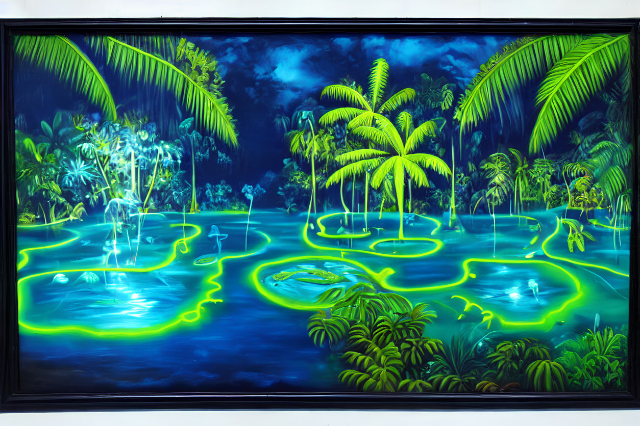 Neon-lit tropical landscape with glowing rivers and palm trees
