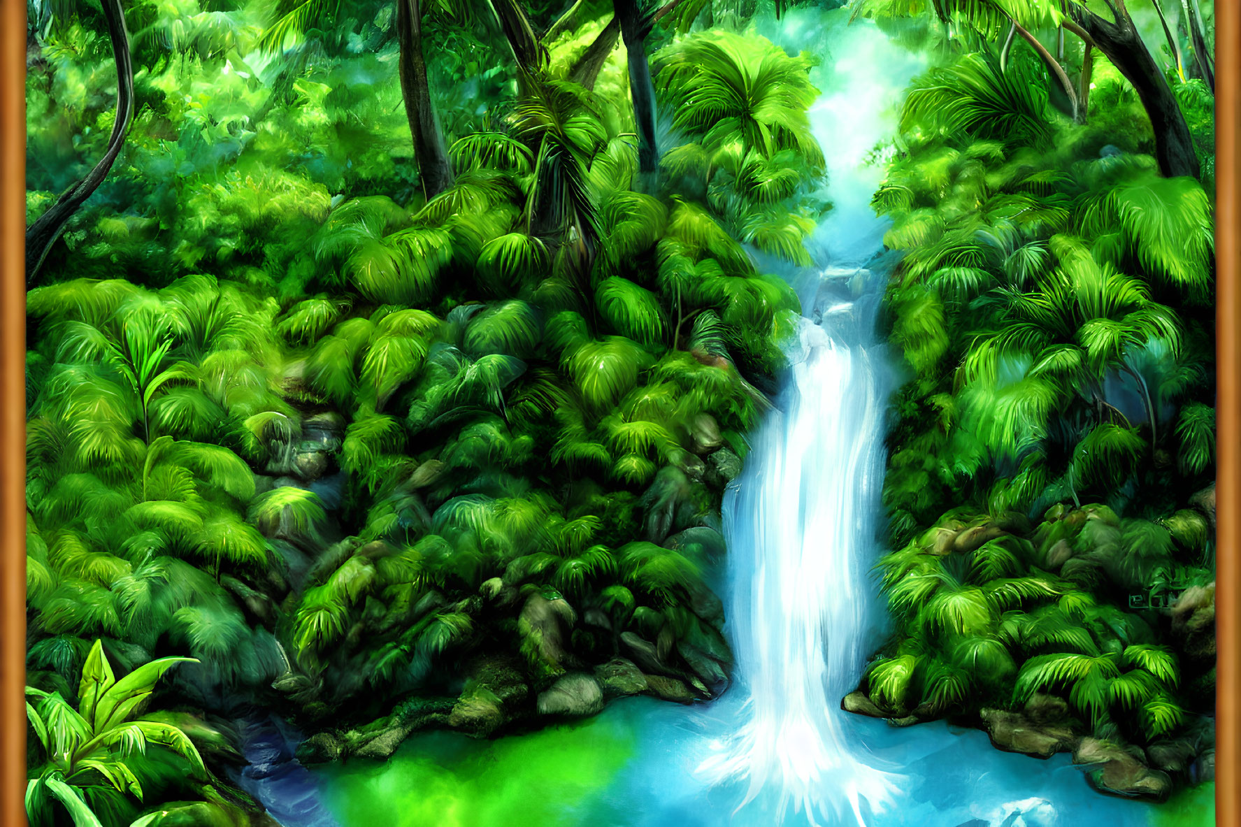 Tropical waterfall illustration with lush green foliage