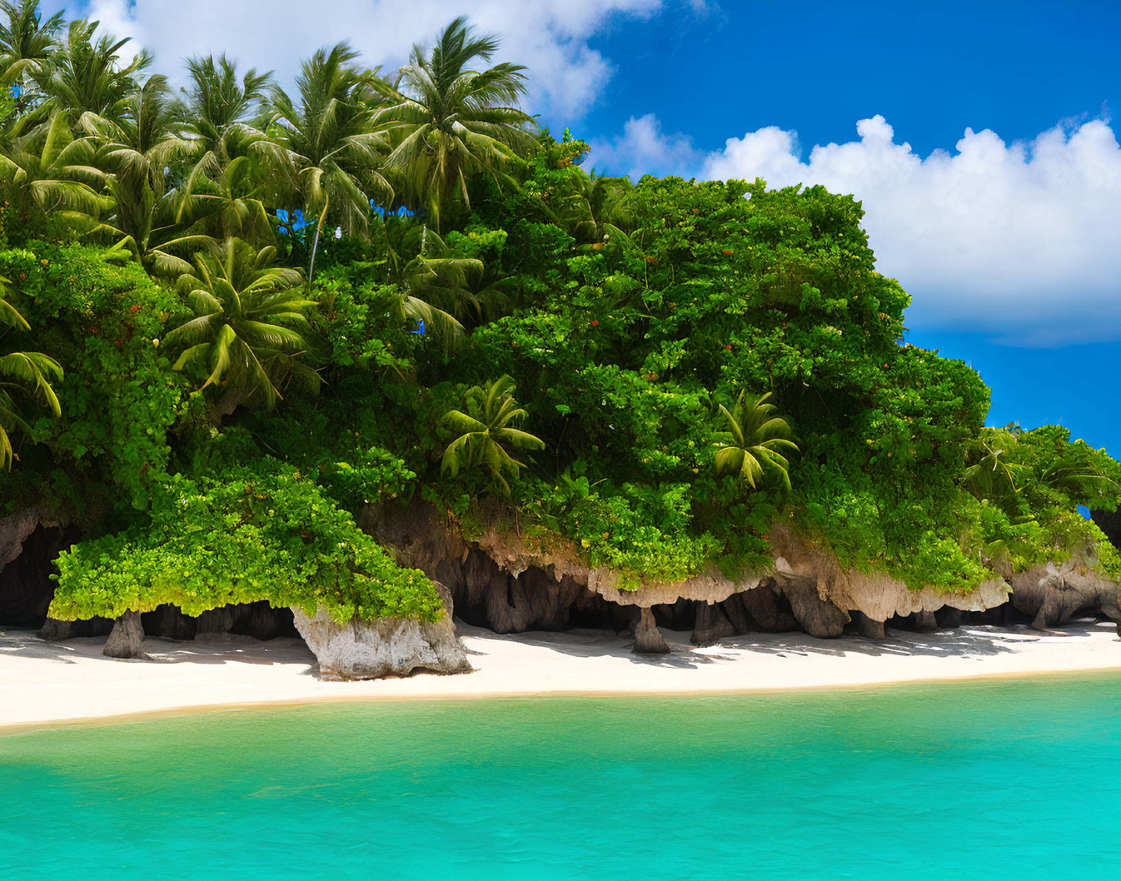Scenic tropical beach with palm trees, blue sky, and rock formations