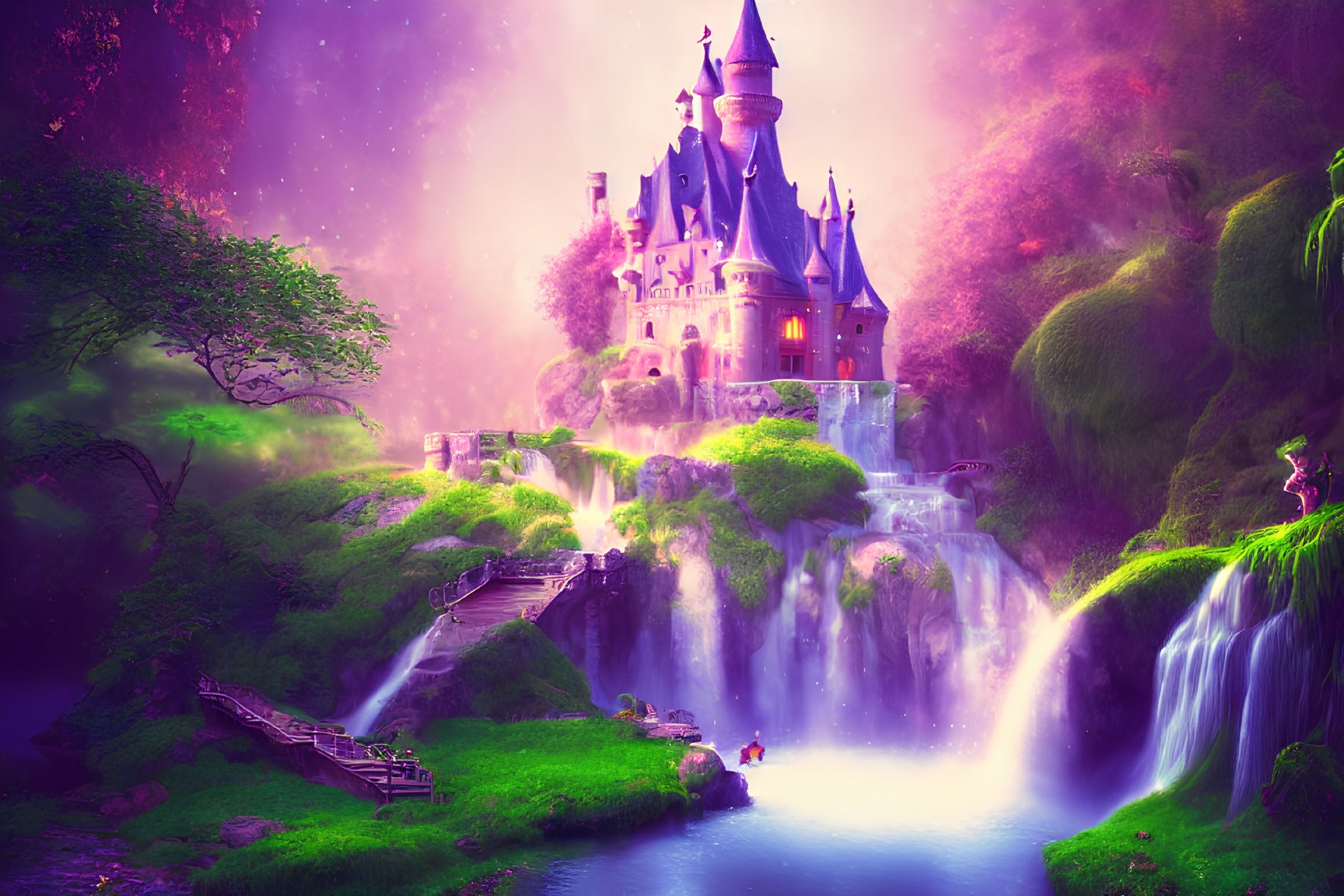 Fantastical castle on waterfall with lush greenery and purple sky