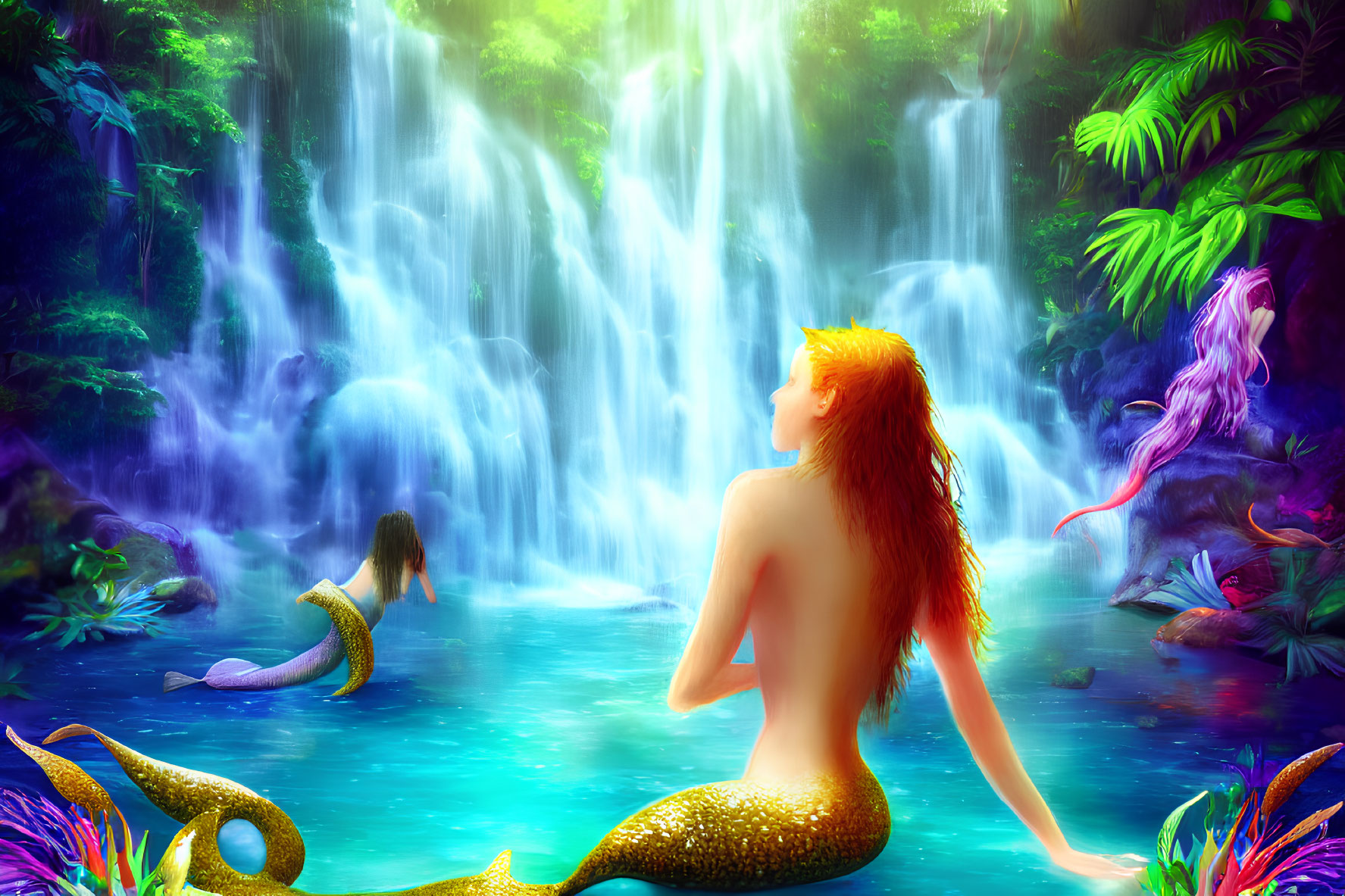 Vibrant-tailed mermaids at tropical jungle waterfall