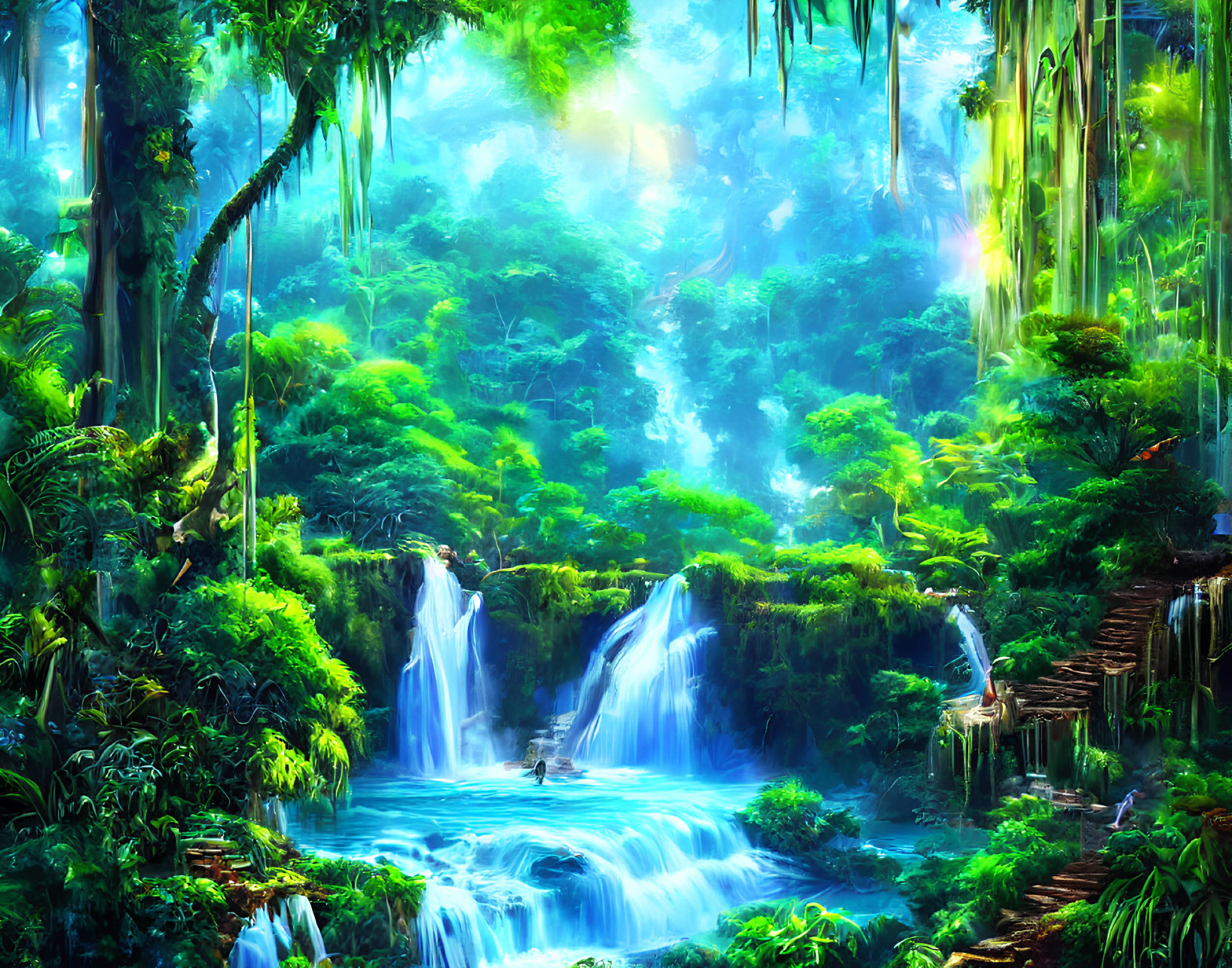 Serene forest scene with lush greenery and cascading waterfall