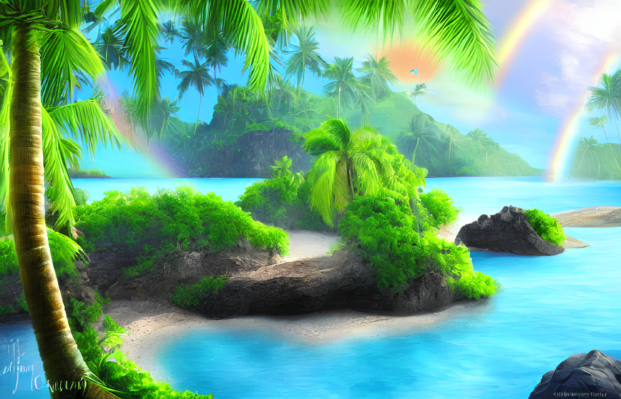 Tropical beach scene with palm trees, blue waters, and double rainbow