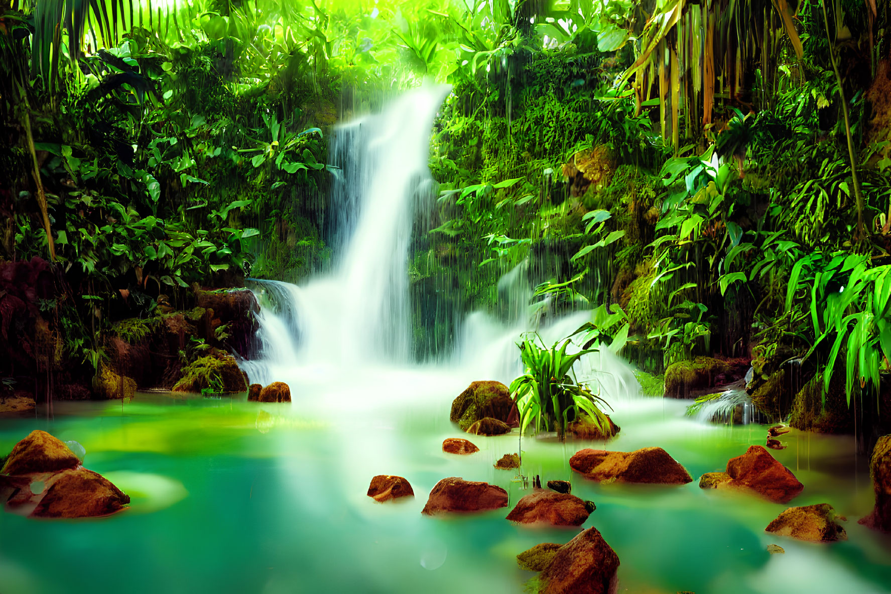 Tranquil tropical waterfall surrounded by lush greenery and bamboo trees