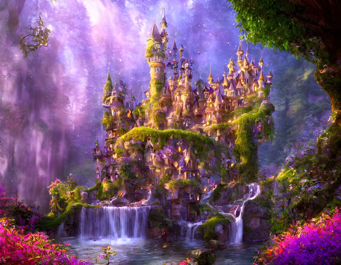 Fantastical castle with spires, lush greenery, waterfalls, and purple flowers under mystical