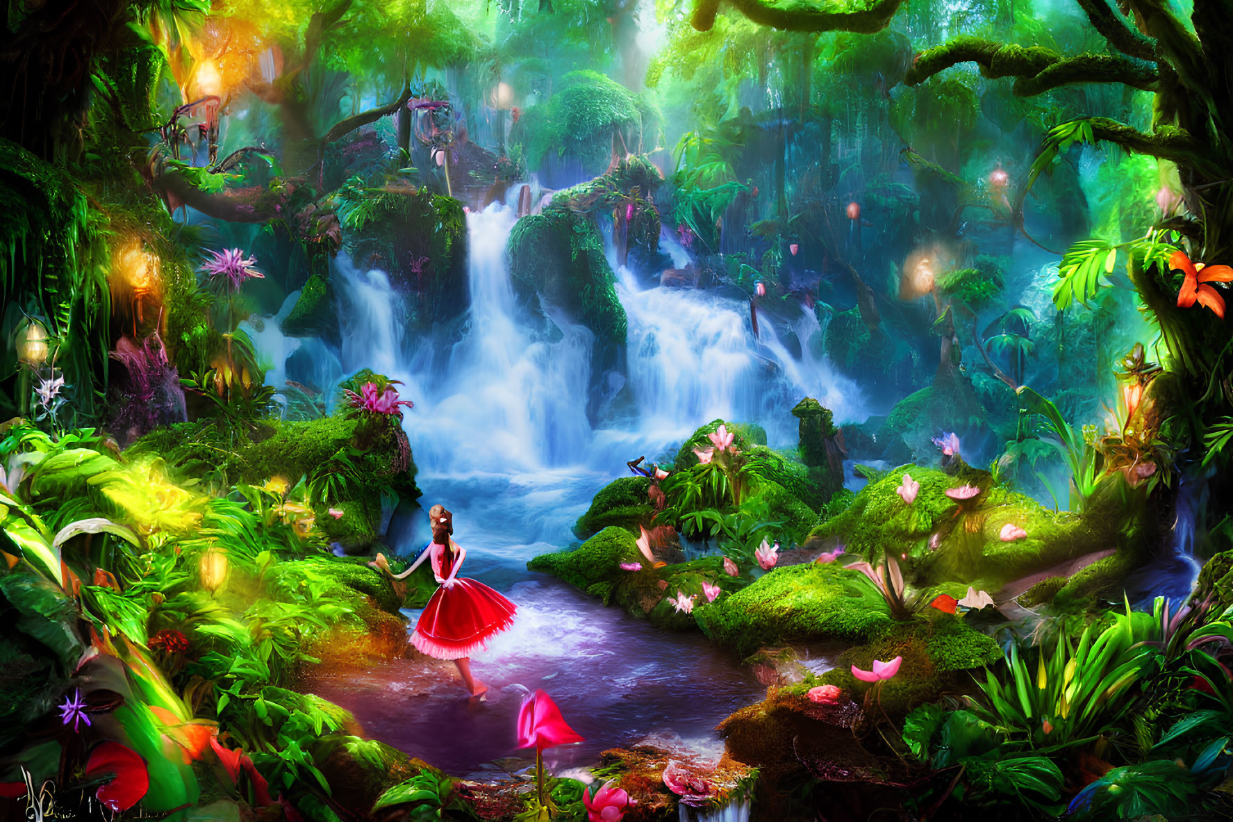 Colorful Fantasy Landscape with Waterfall and Figure in Red Dress