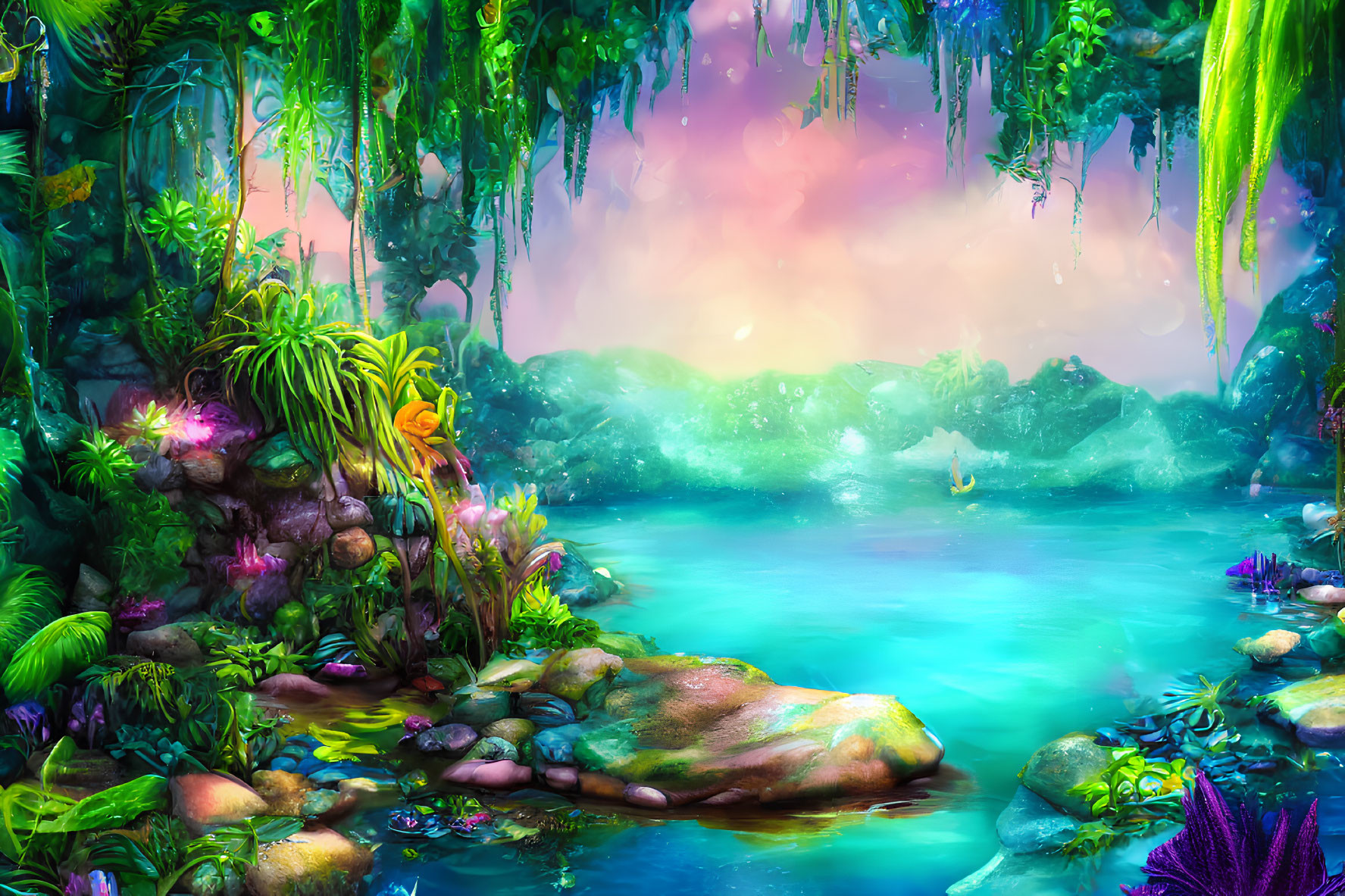 Colorful Fantasy Landscape with Luminous River & Misty Mountains