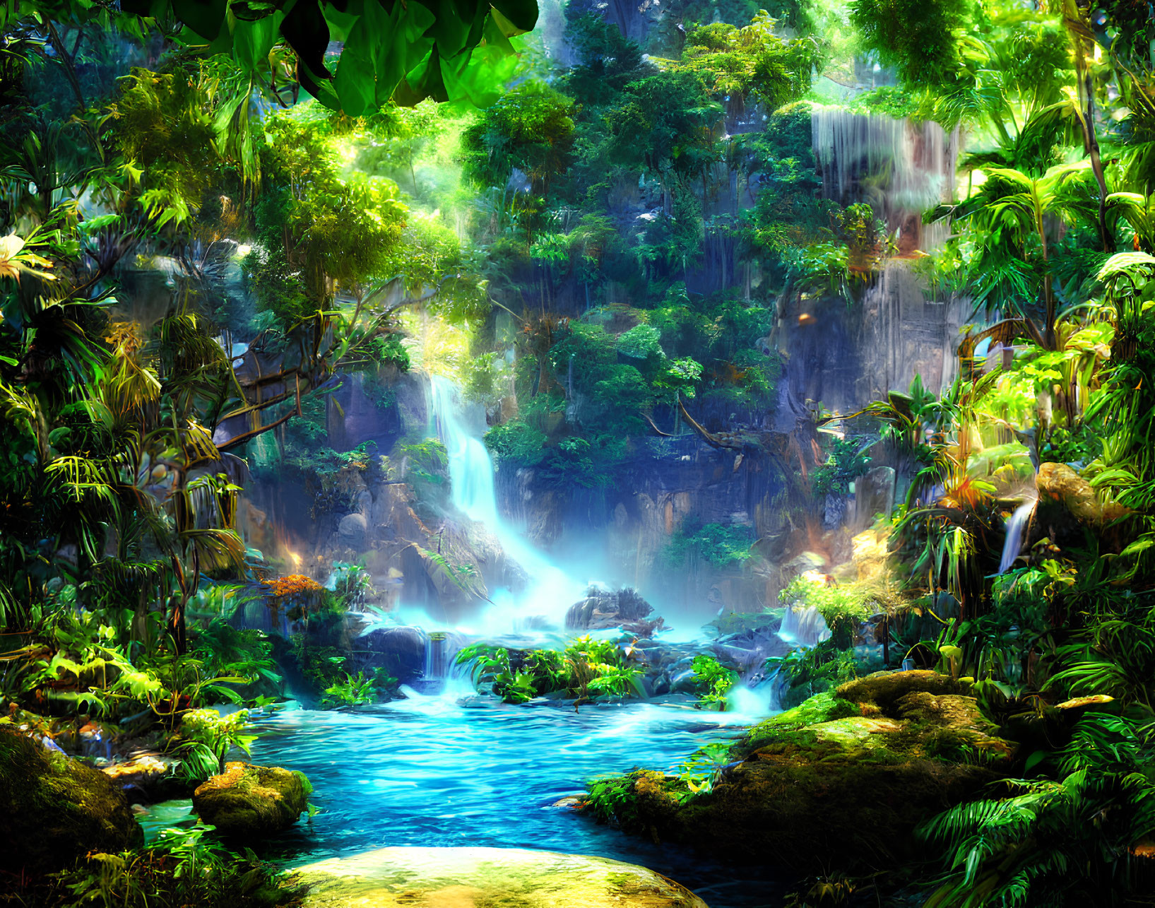 Vibrant tropical forest with waterfall and serene pool in sunlight