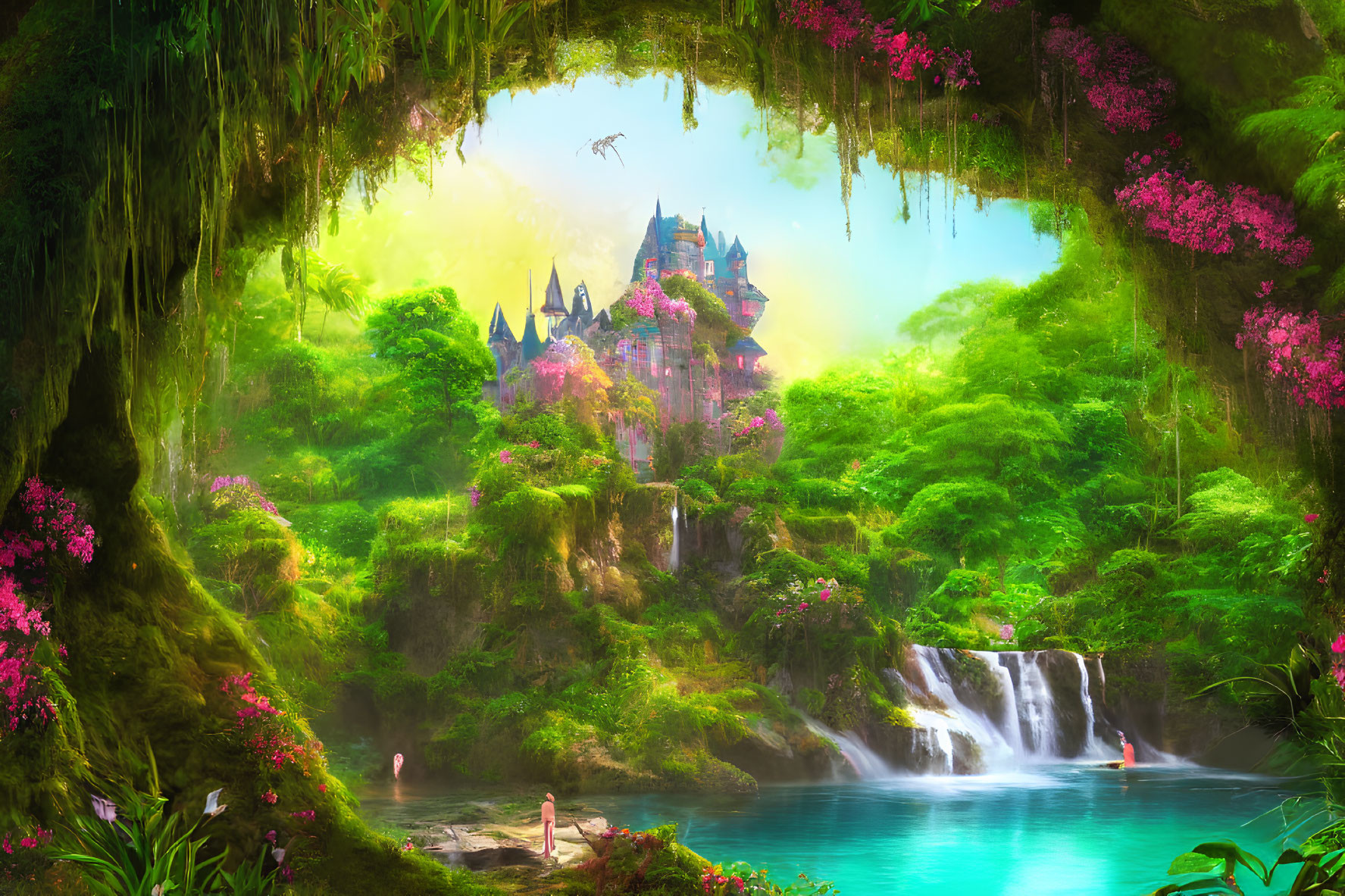 Castle in lush green fantasy landscape with waterfalls, lake, vibrant flora, and flamingos under glowing