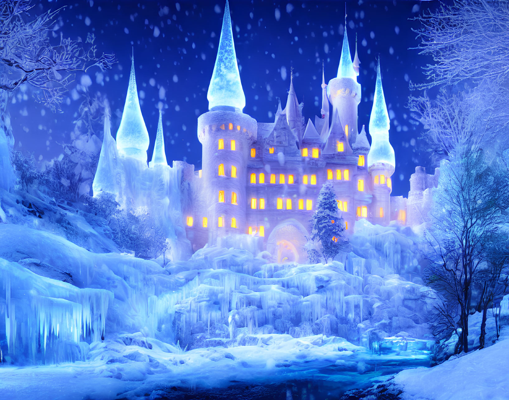 Illuminated castle in winter night with frozen waterfall