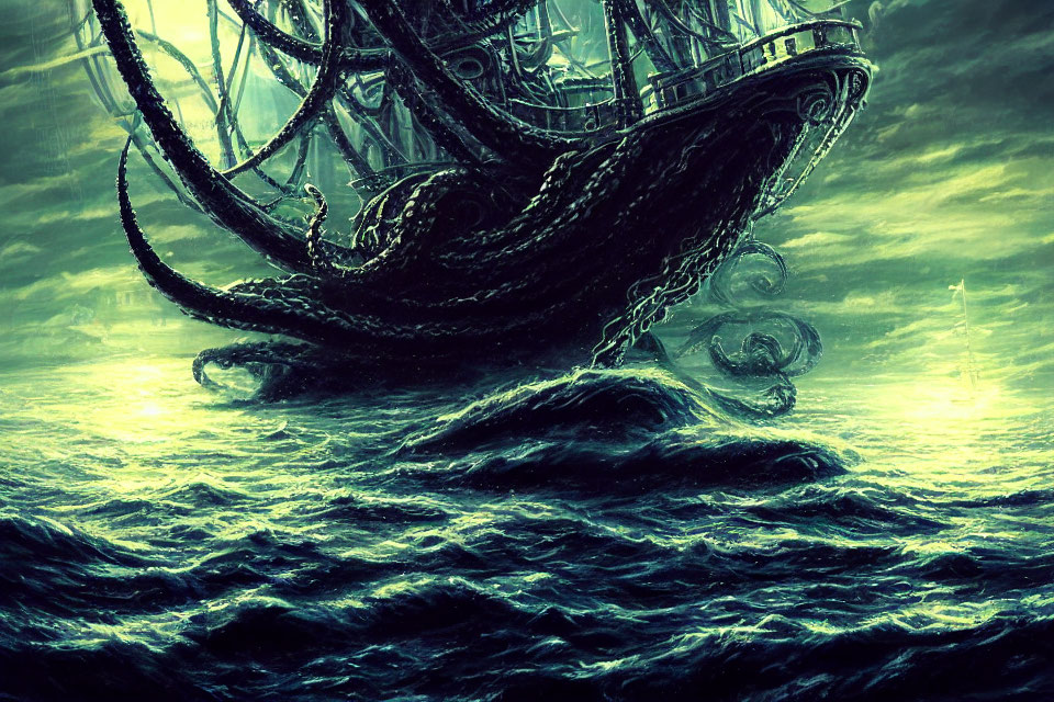Fantasy scene: Ship ensnared by giant tentacles in stormy sea