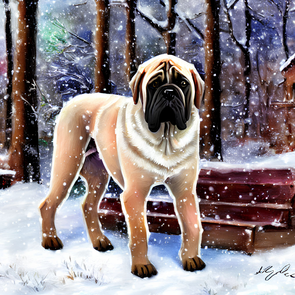 Pug in snowy scene with winter trees and bench
