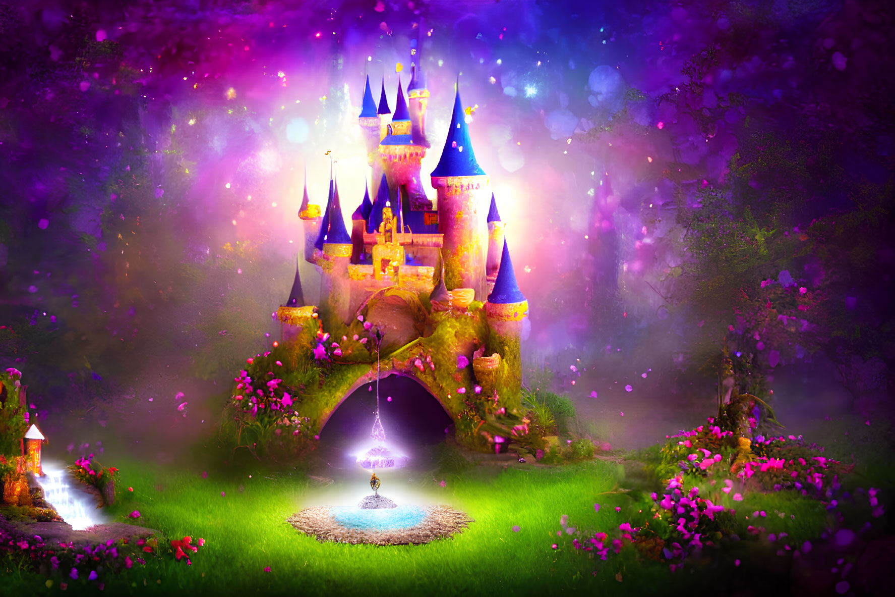 Mystical Castle in Vibrant Landscape with Pink Flowers and Celestial Backdrop