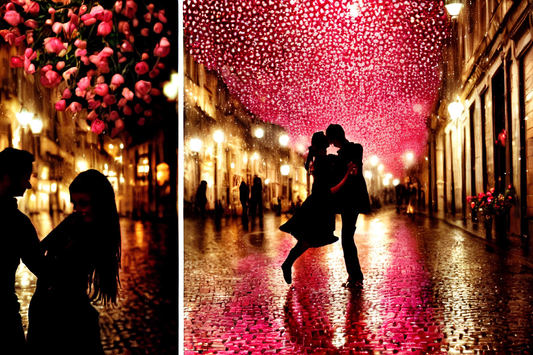 Romantic couple under pink flower canopy on rain-kissed street at night