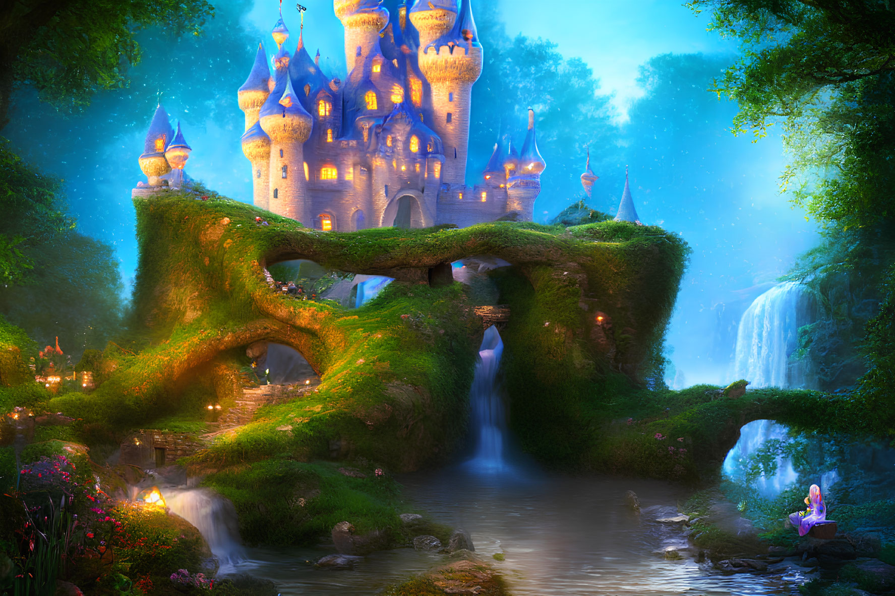 Enchanting castle in lush greenery with waterfalls, serene river, glowing bridge, and figure