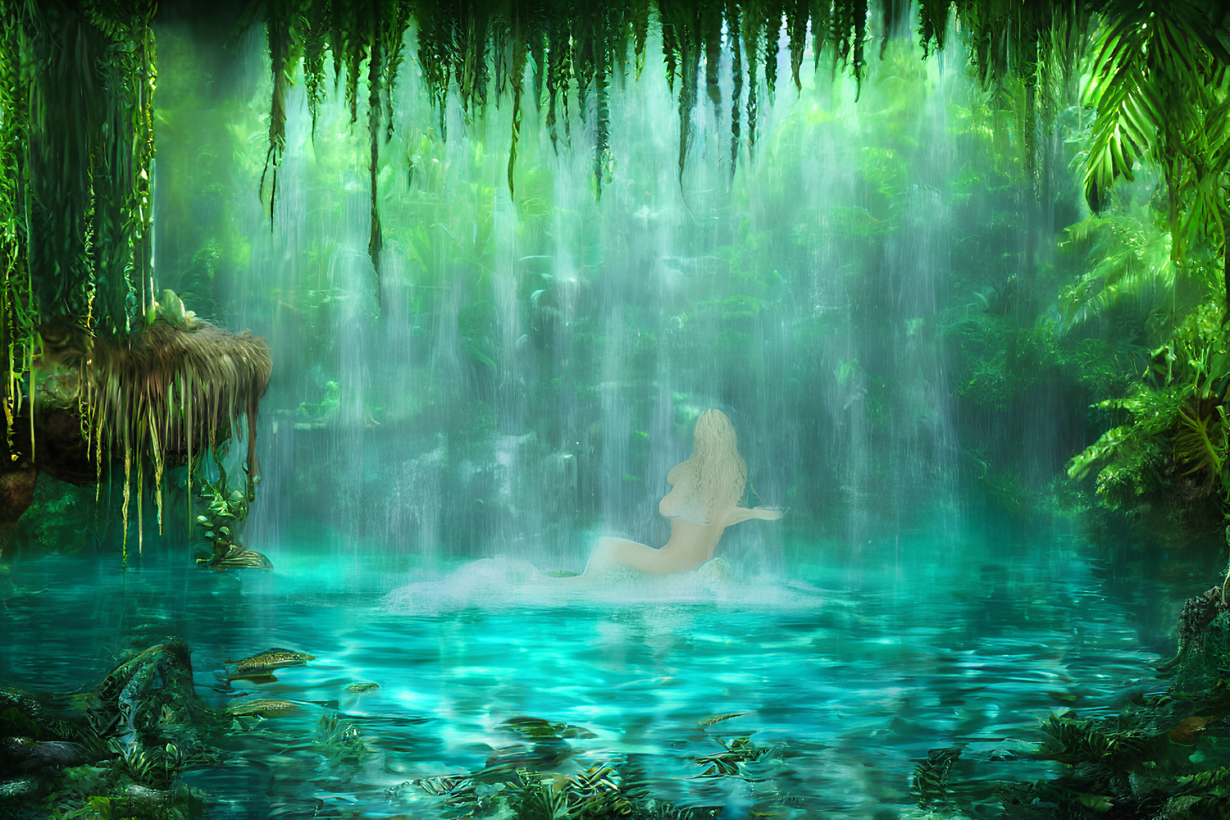 Long-haired mermaid in serene pond of lush jungle with waterfalls