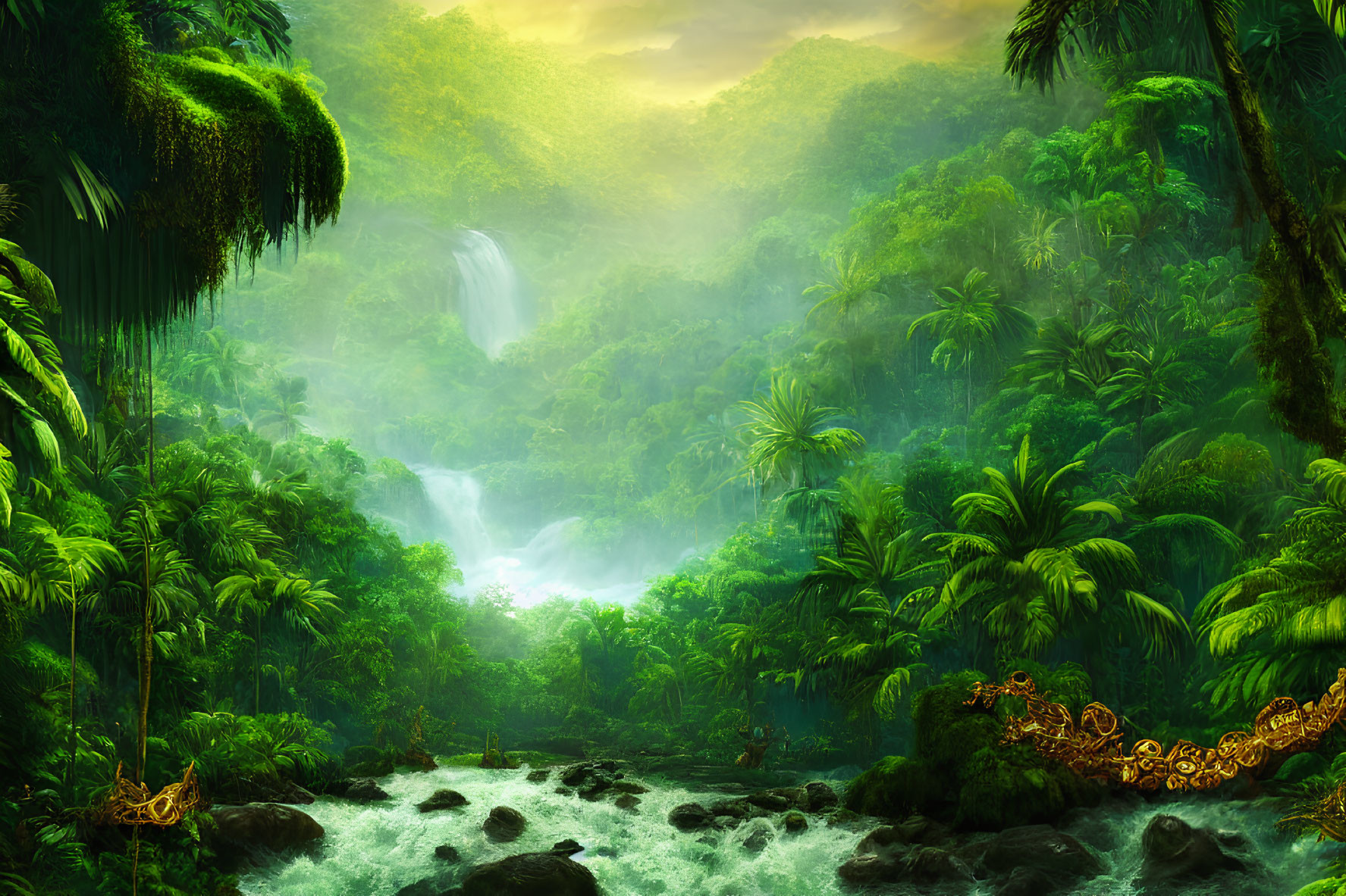 Tropical Jungle with Waterfalls, River, and Sunlit Foliage