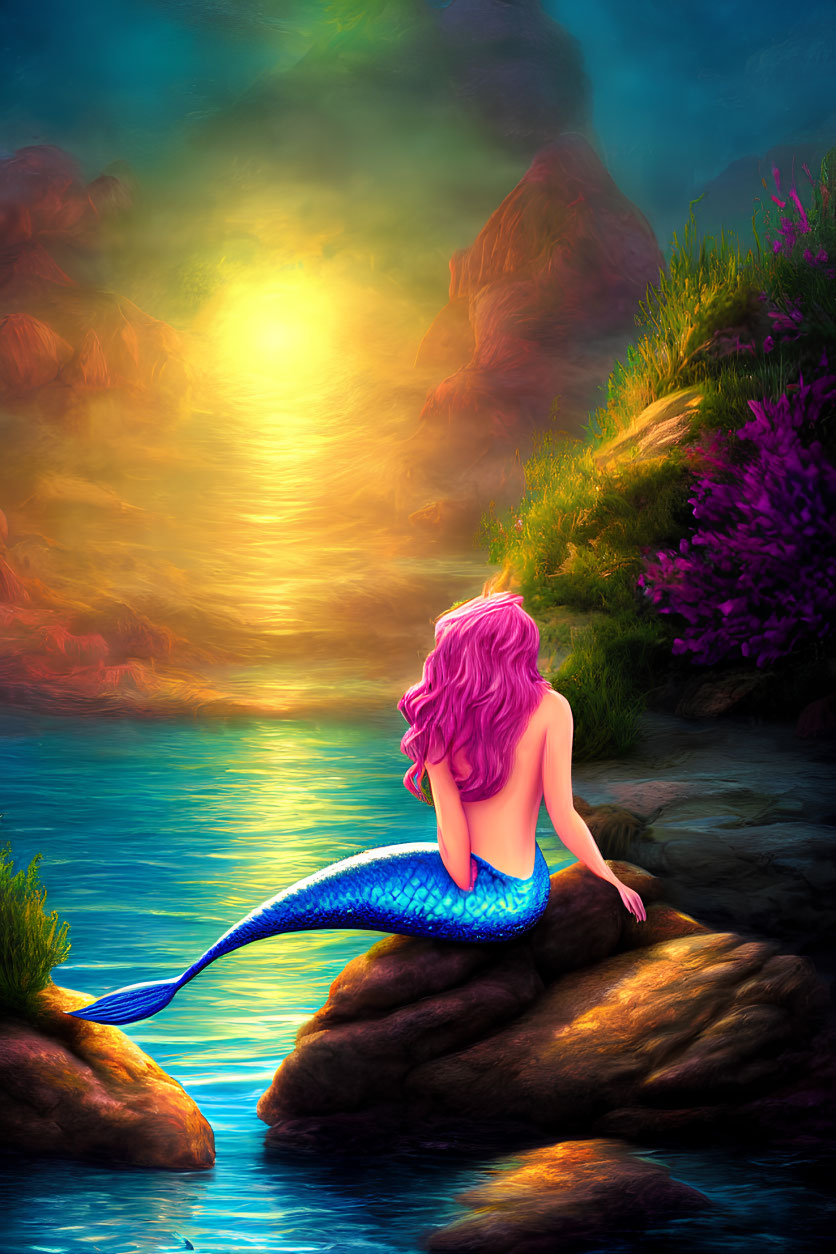Mermaid with Pink Hair by Mystical Lake at Sunset