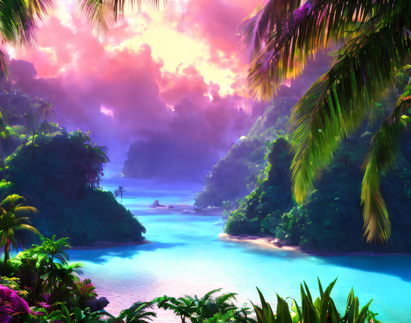 Tropical landscape with pink and purple sunset sky, palm trees, river, sea