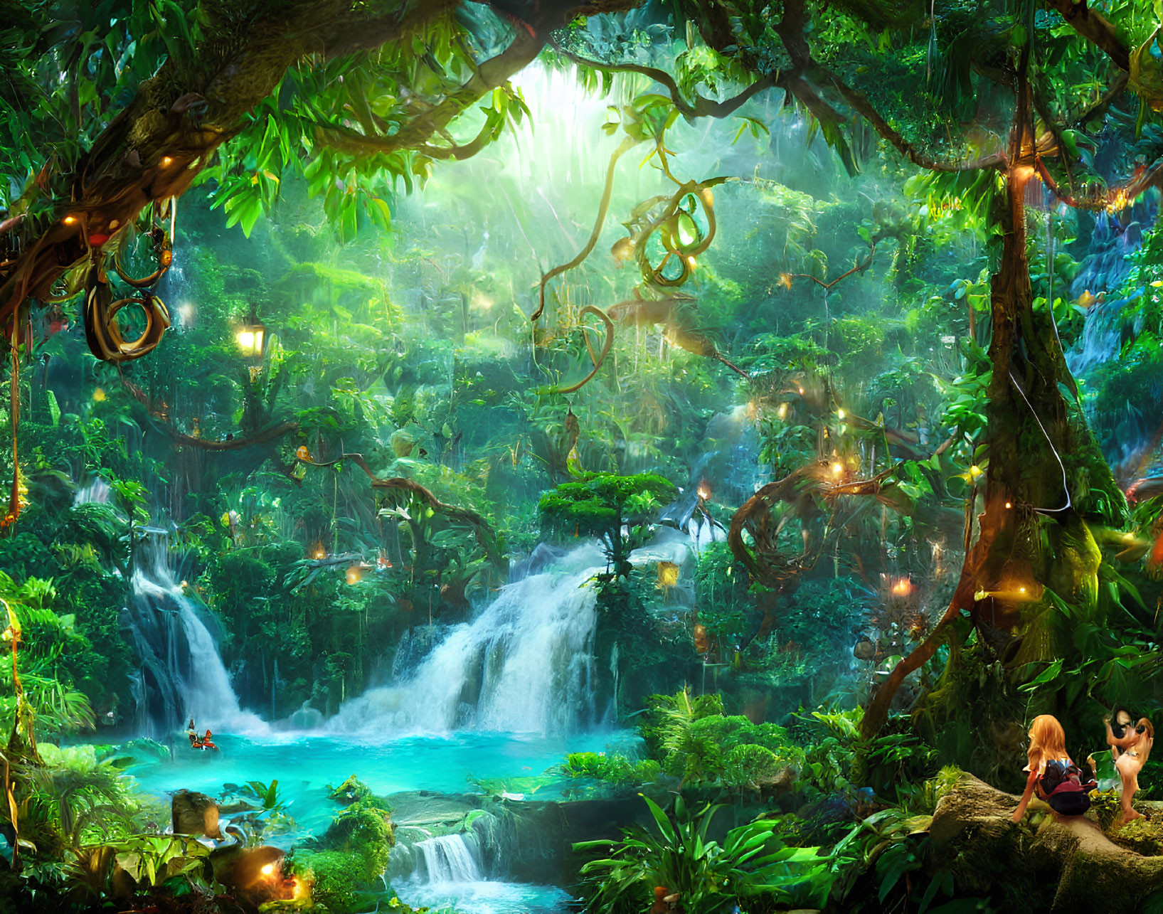 Enchanted forest with waterfall, luminescent plants, characters, boat in lagoon