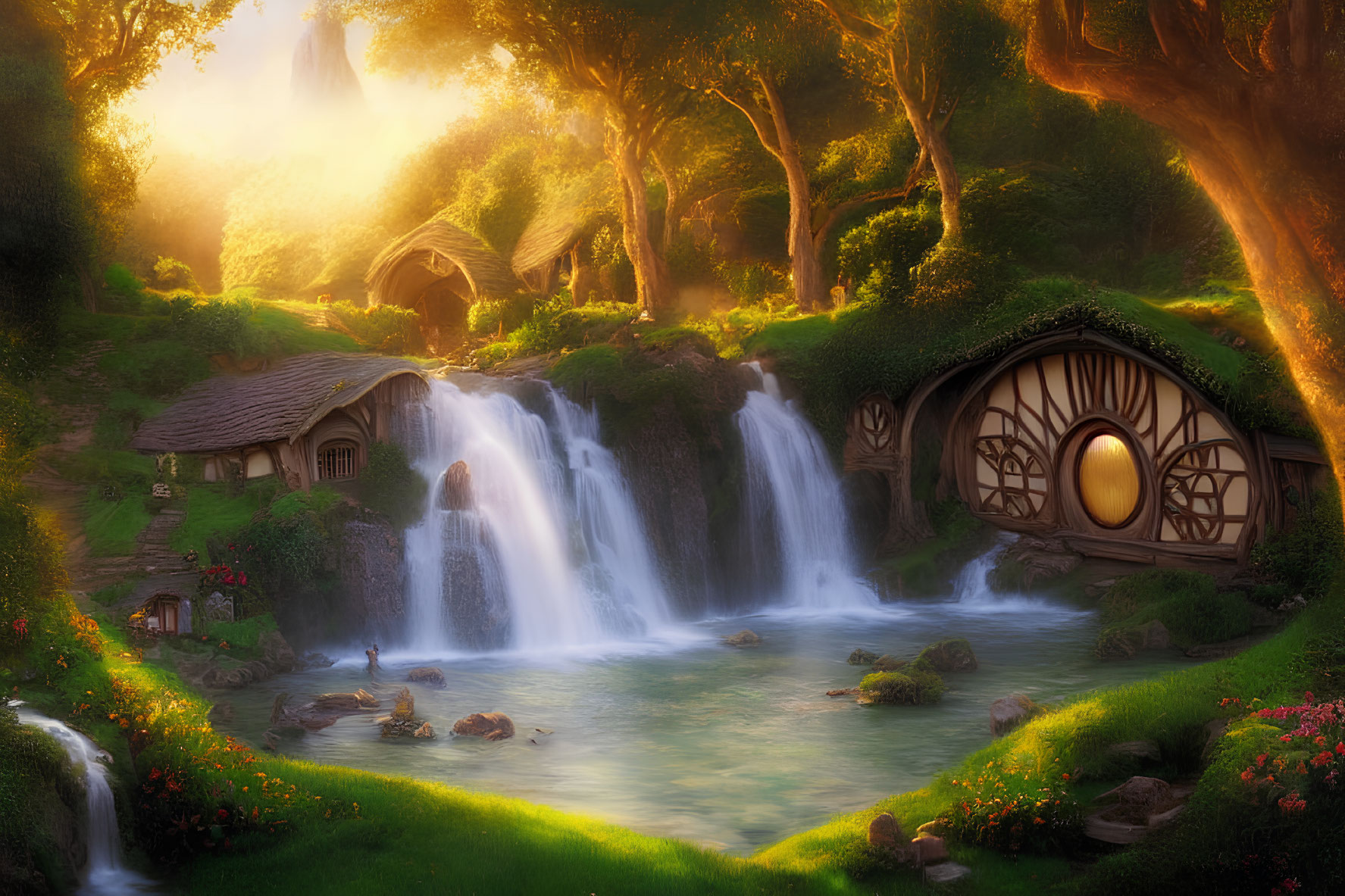 Sunlit mystical landscape with circular door cottage, cascading waterfalls, lush greenery