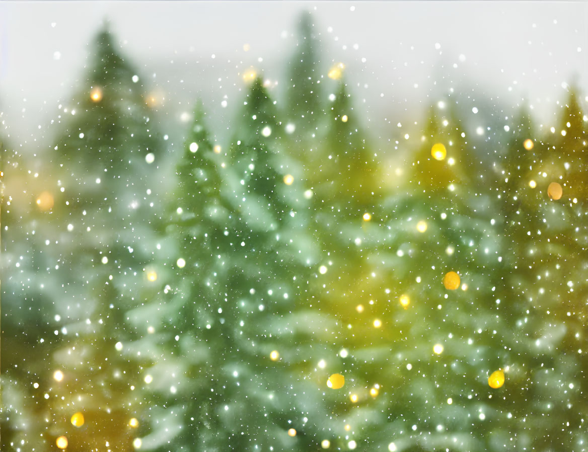 Winter scene: Snow falling on blurred evergreen trees with twinkling lights