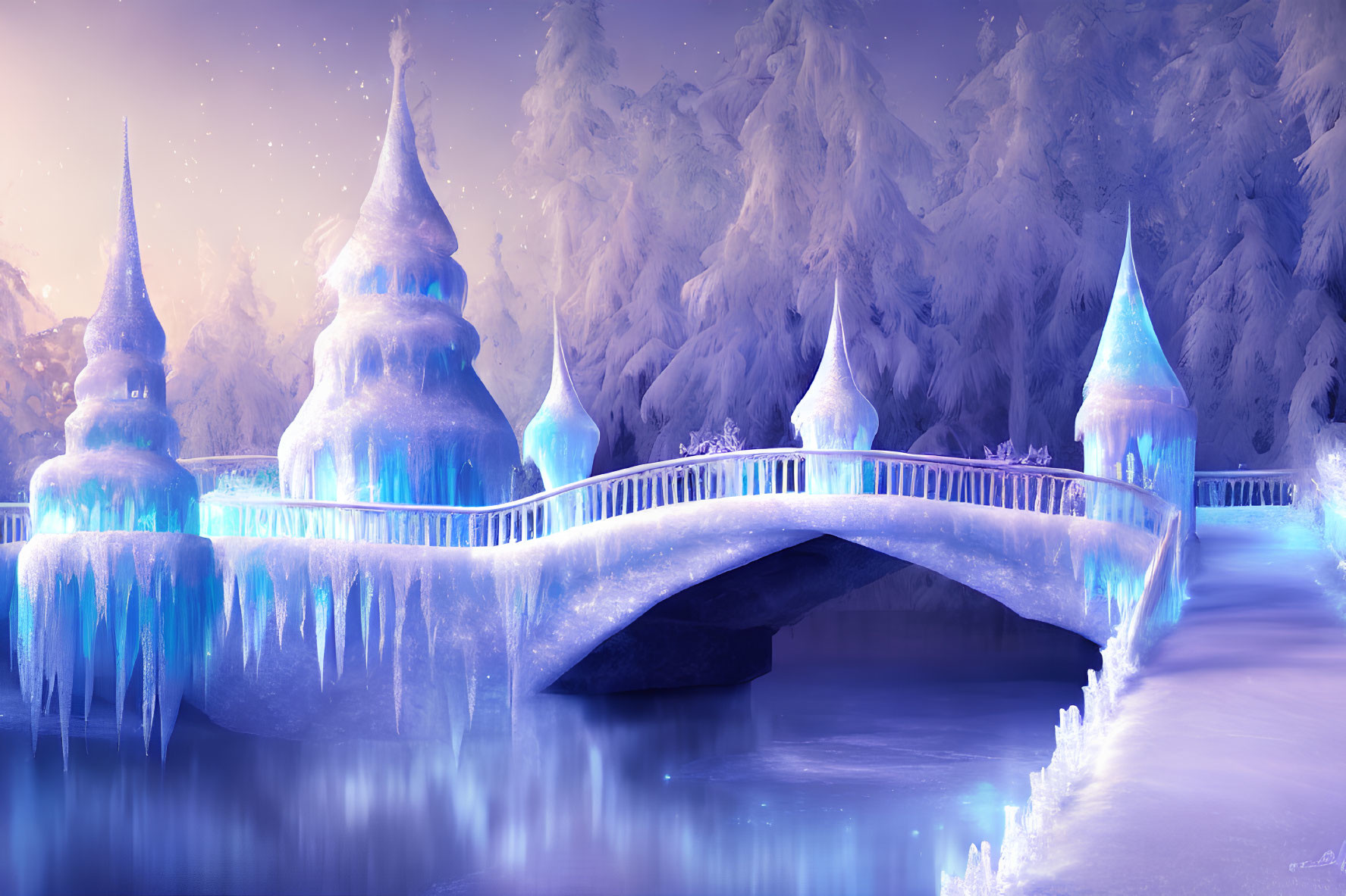 Winter landscape with icy bridge and fantasy castle in snow-covered trees
