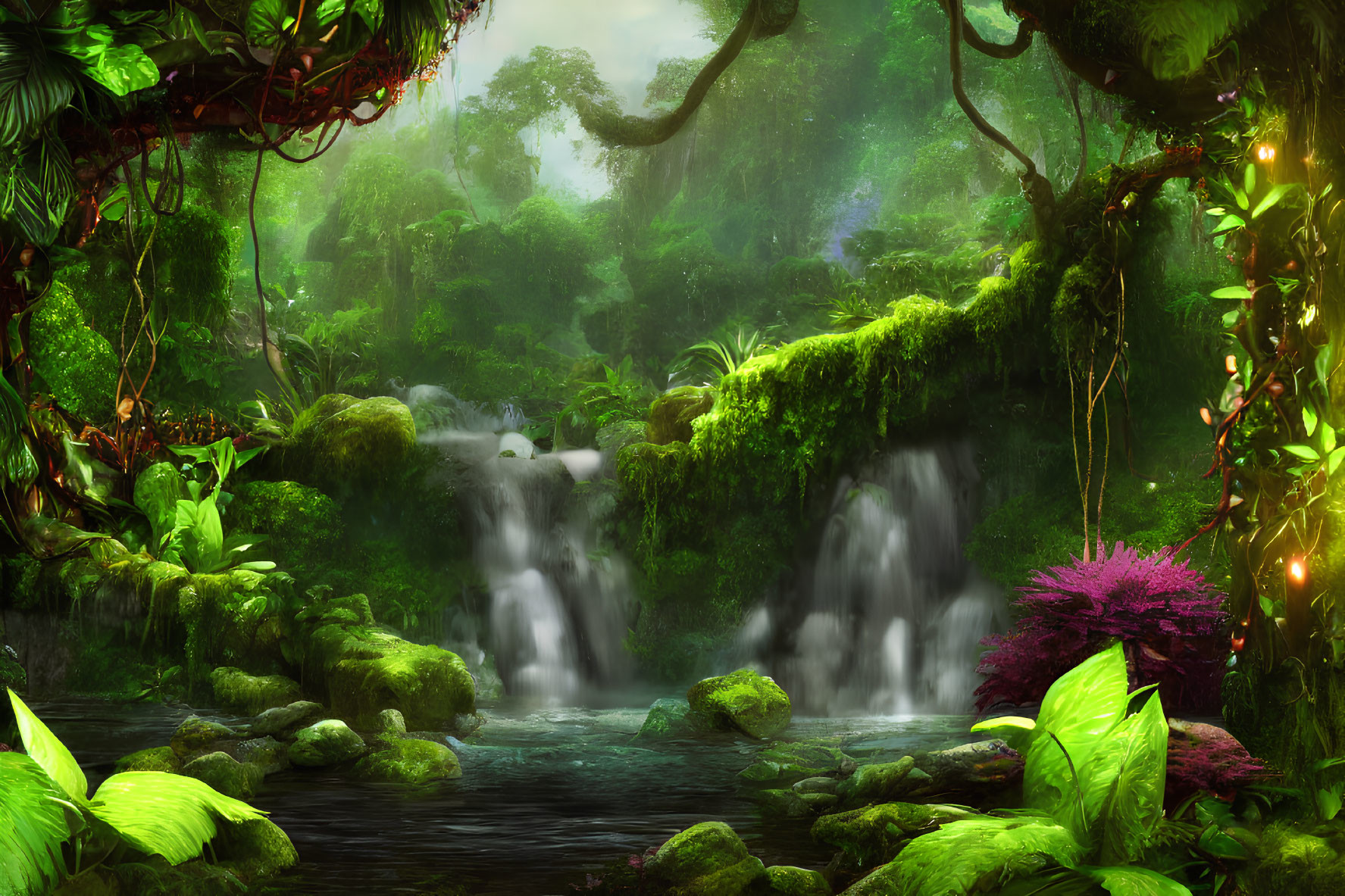 Vibrant green forest with waterfalls, mossy rocks, and serene river