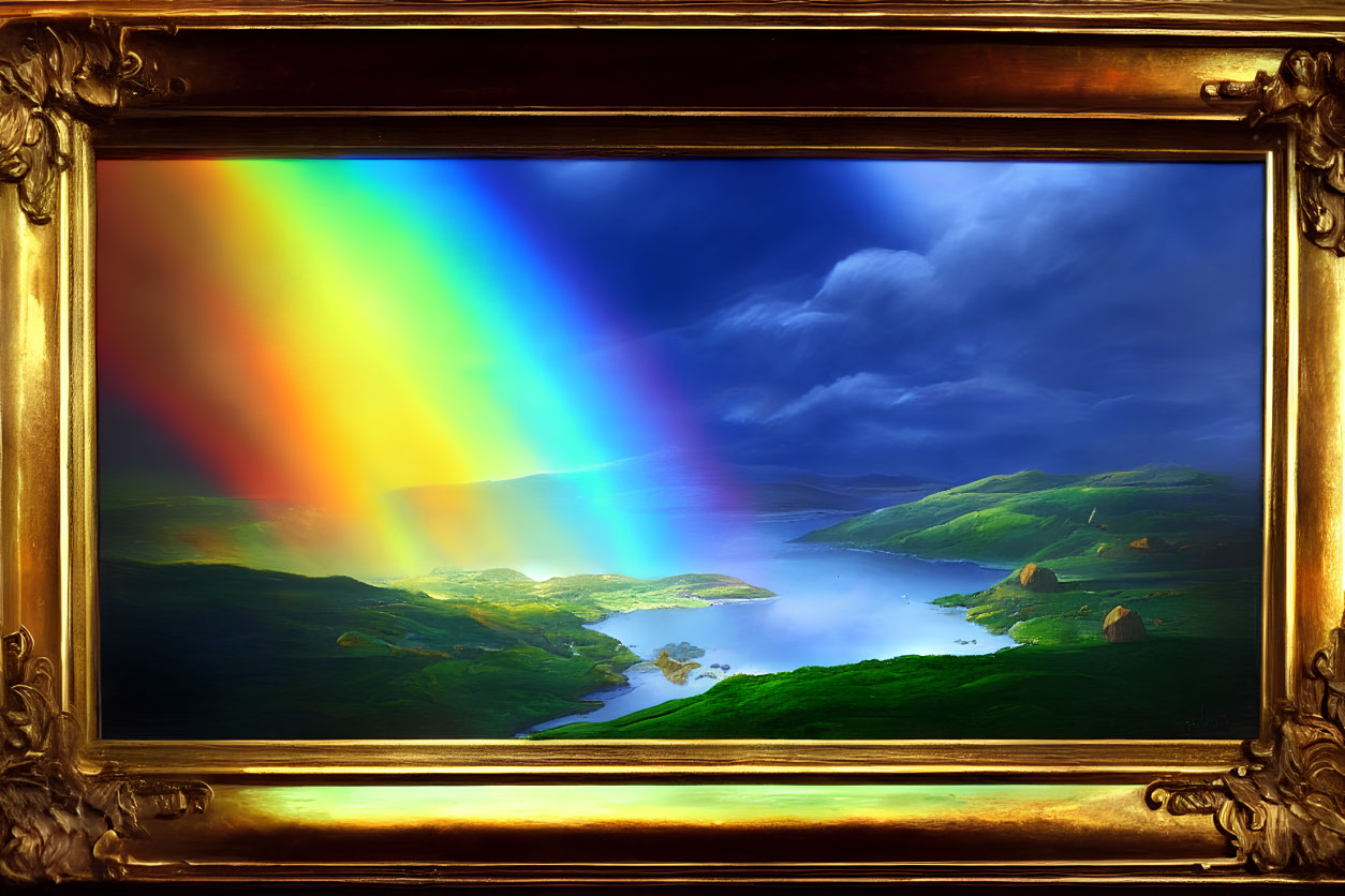 Colorful landscape painting in golden frame with rainbow, hills, water, and stormy skies