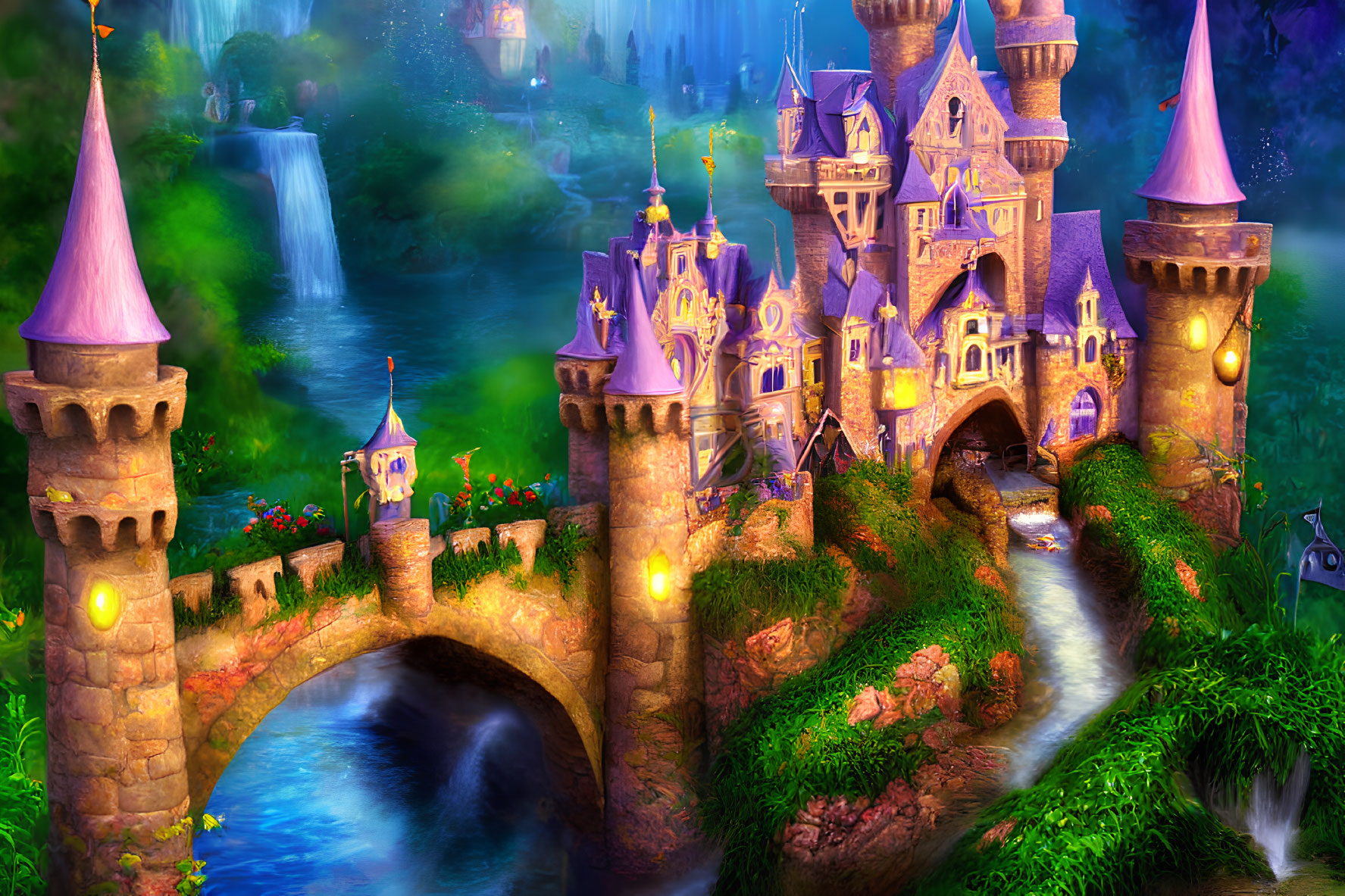 Enchanted castle with spires and turrets in lush forest
