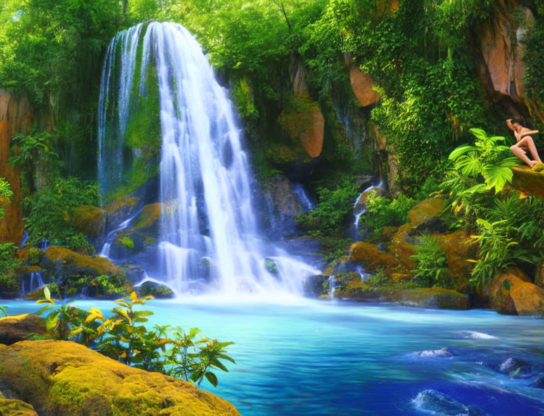 Tranquil waterfall scene with lush greenery and a person relaxing on a rock