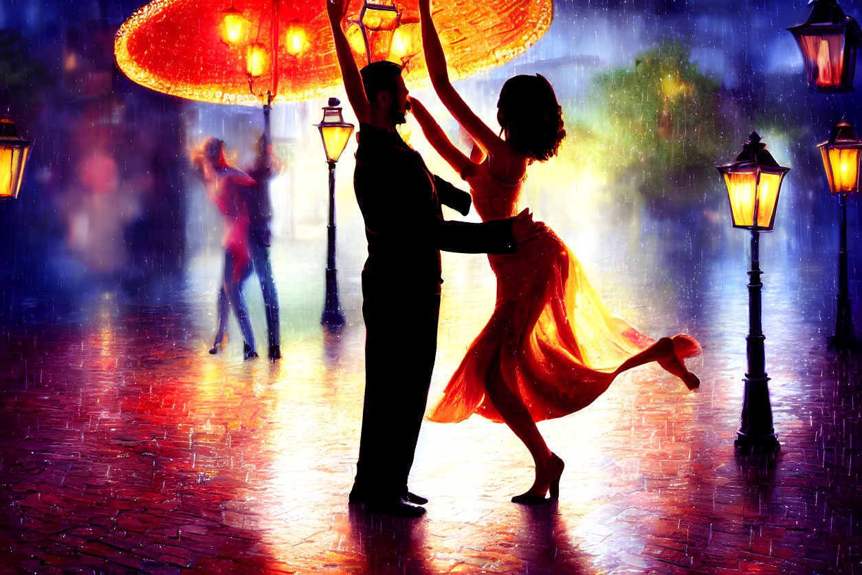 Night scene of couples dancing in the rain with colorful umbrellas