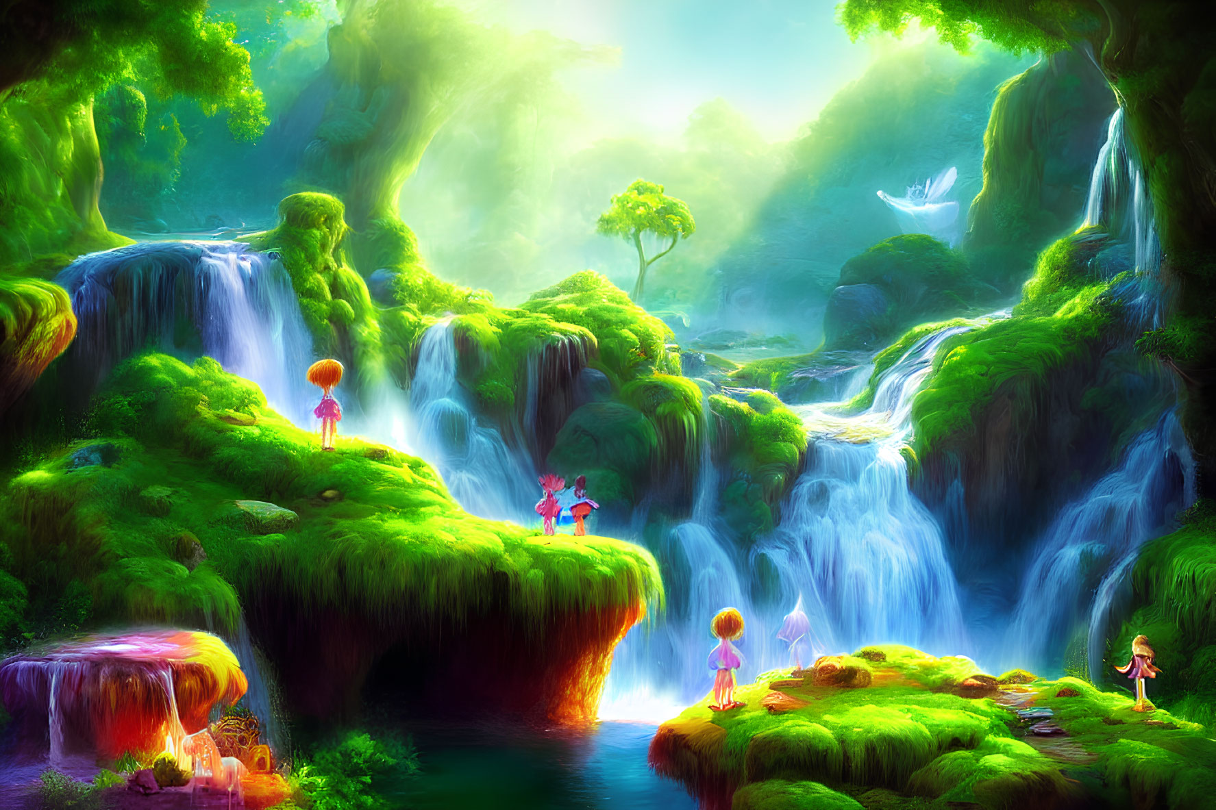 Colorful fantasy landscape with waterfalls, glowing foliage, and whimsical characters